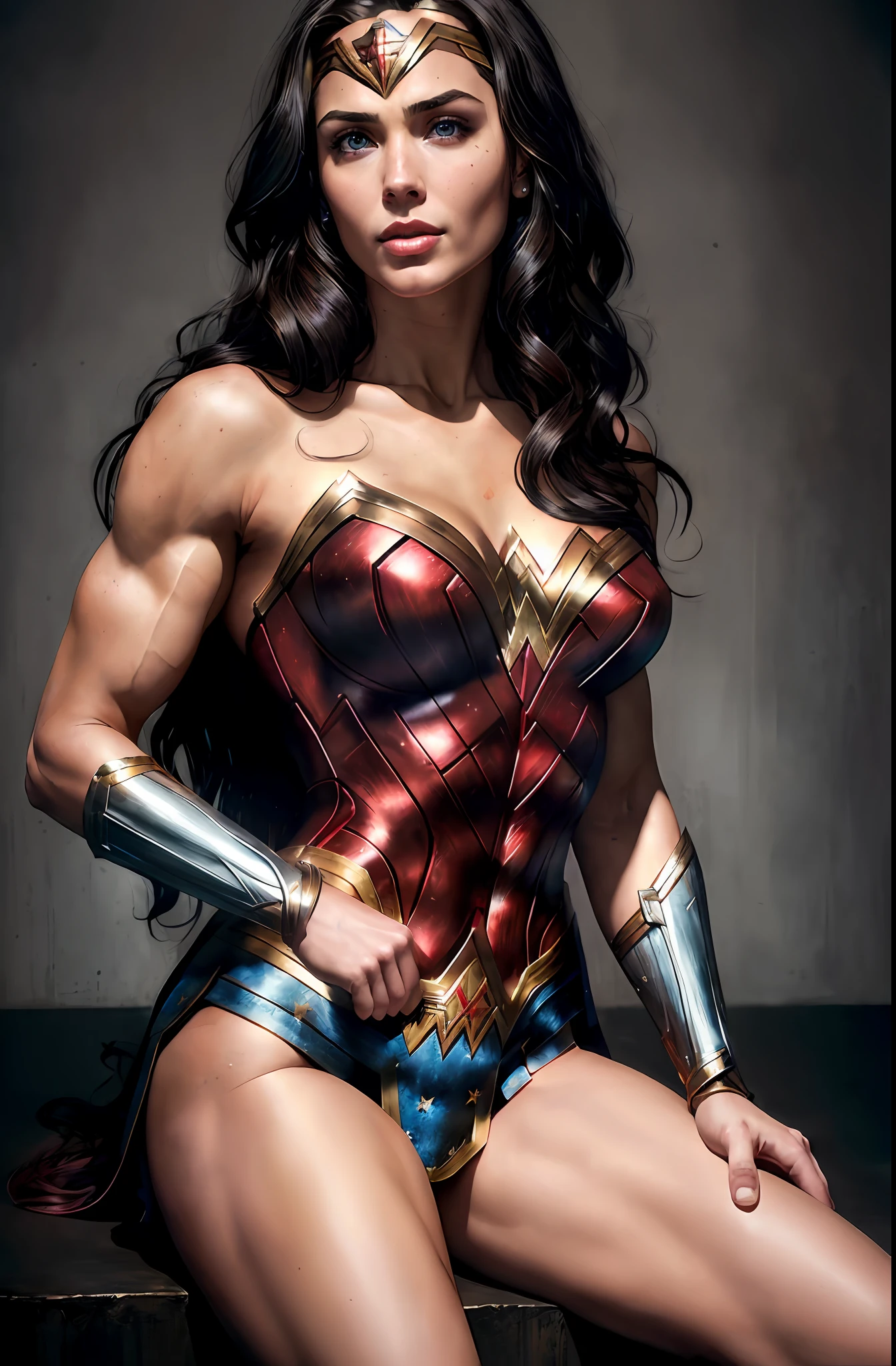 (Wonder Woman) portrait, smile, powerful realistic blue eyes, shiny dark hair, lips, long hair, makeup, natural skin texture, slightly suntanned skin tone, realistic, (Muscles 1.3), ((Strong and Fitness body) ), (((Extra Muscles))), (big breasts: 1.2) thin waist, (perfect big ass and wide hips: 1.2), (detailed skin), (shiny skin), (beautiful and sexy woman), (full body :1.5), Adrian Ghenie, esao andrews, jenny saville, edward hopper, surrealism, dark art by James Jean, takato yamamoto, inkpunk minimalism style, sharp lines, sharp focus, realistic face, detailed face, ultra high resolution, (live action: 1.4)