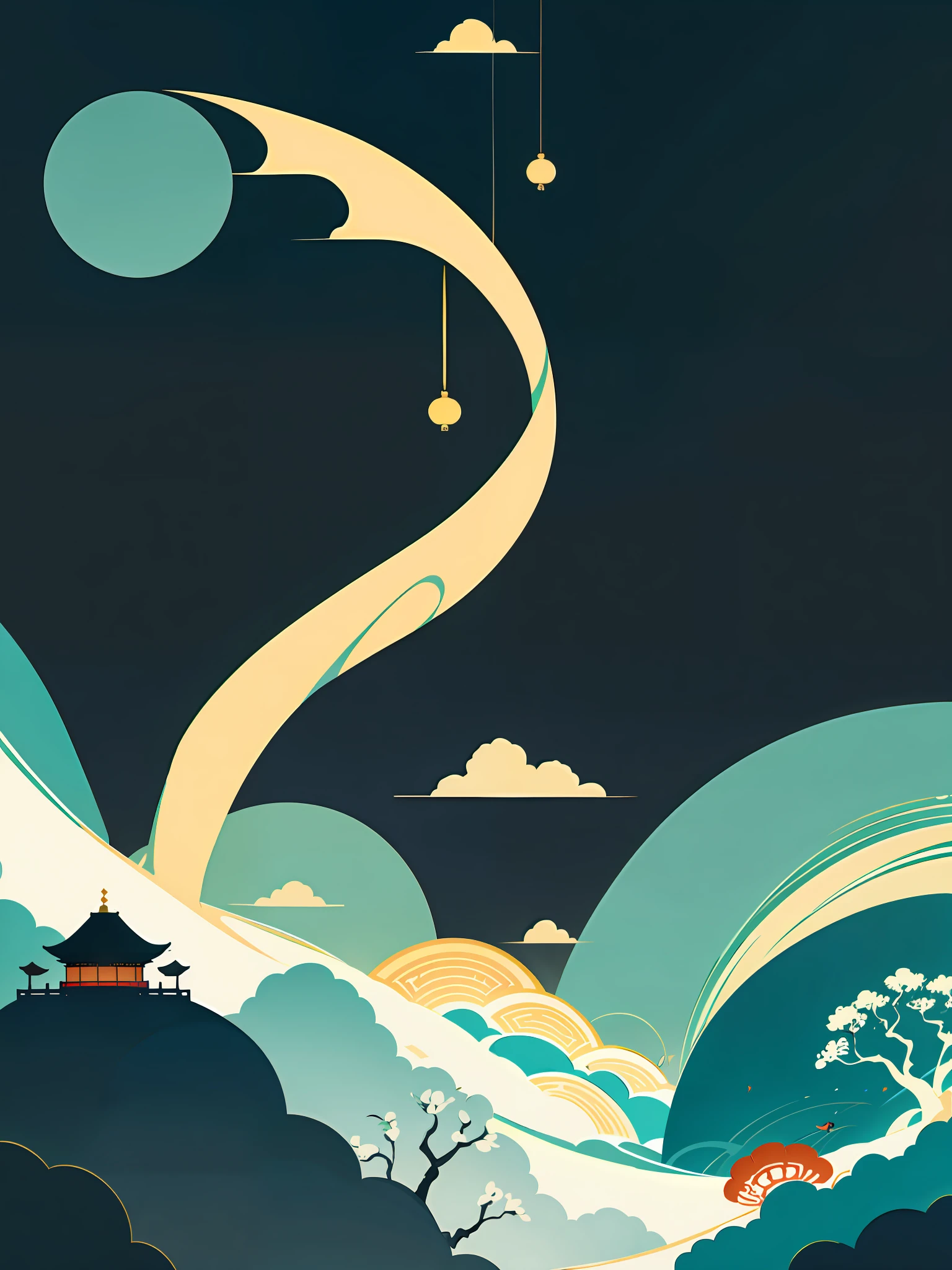(Chinese landscape), abstract painting, (Zen, Amy Sol style), (Green trees, flowers, Chinese style architecture, mountains), cover art with light abstraction, simple vector art, contemporary Chinese art, color gradients, soft color palettes, layered forms, whimsical animation, style Ethereal abstract, 4K, --v6