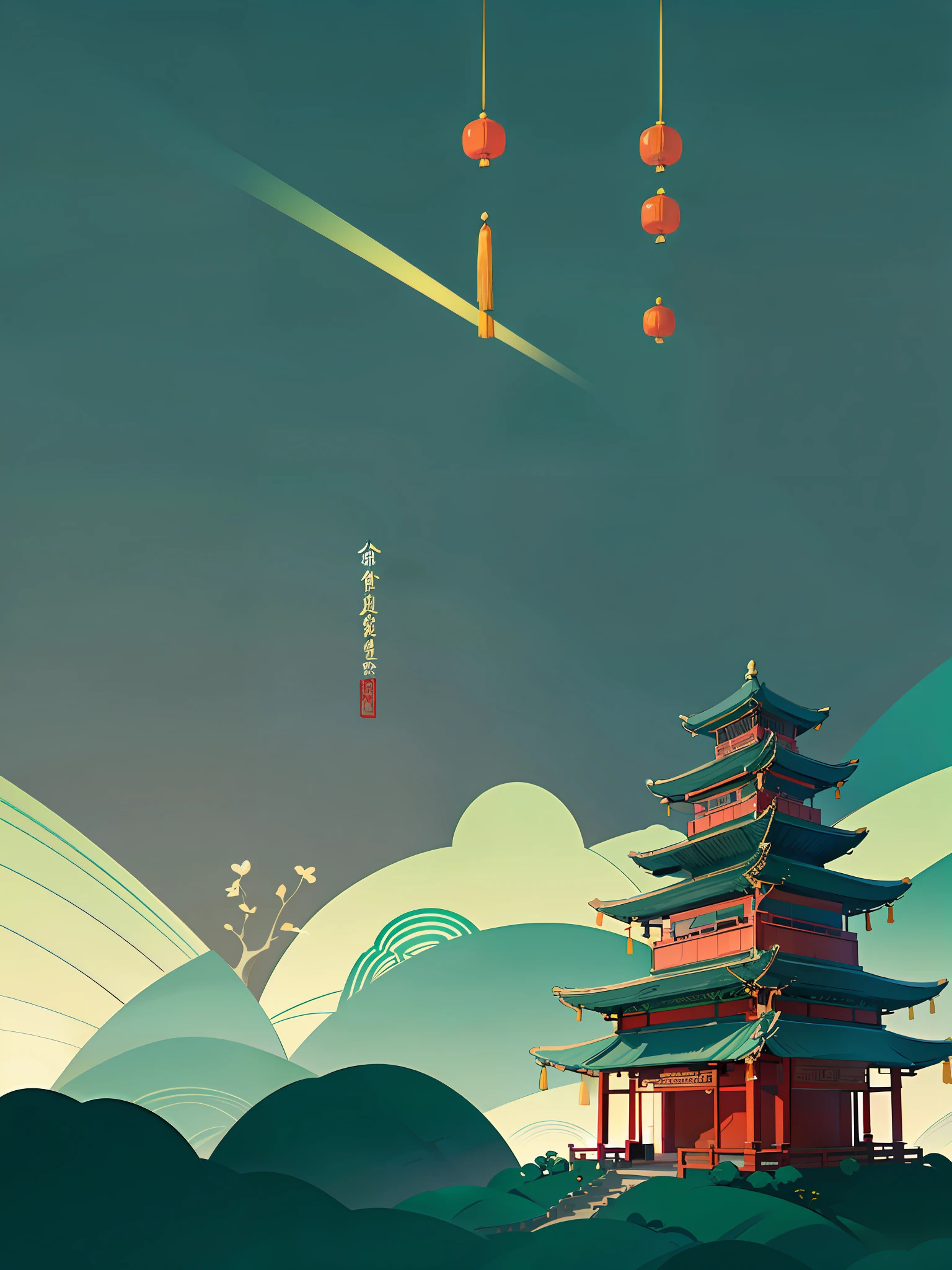 (Chinese landscape), abstract painting, (Zen, Amy Sol style), (Green trees, flowers, Chinese style architecture, mountains), cover art with light abstraction, simple vector art, contemporary Chinese art, color gradients, soft color palettes, layered forms, whimsical animation, style Ethereal abstract, 4K, --v6