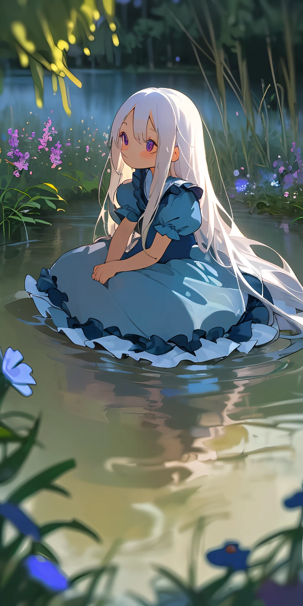 (masterpiece, top quality), one girl with long white hair sitting in a field of blue plants and flowers, warm moonlight, blurry foreground, loli, river bank, odd eyes, ruffles, bathing suit
