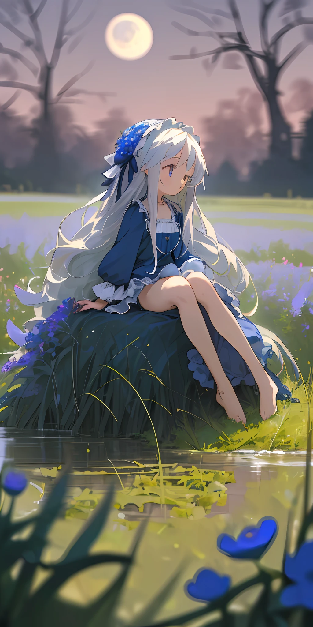 (masterpiece, top quality), one girl with long white hair sitting in a field of blue plants and flowers, warm moonlight, blurry foreground, loli, river bank, odd eyes, ruffles, bikini, underwear
