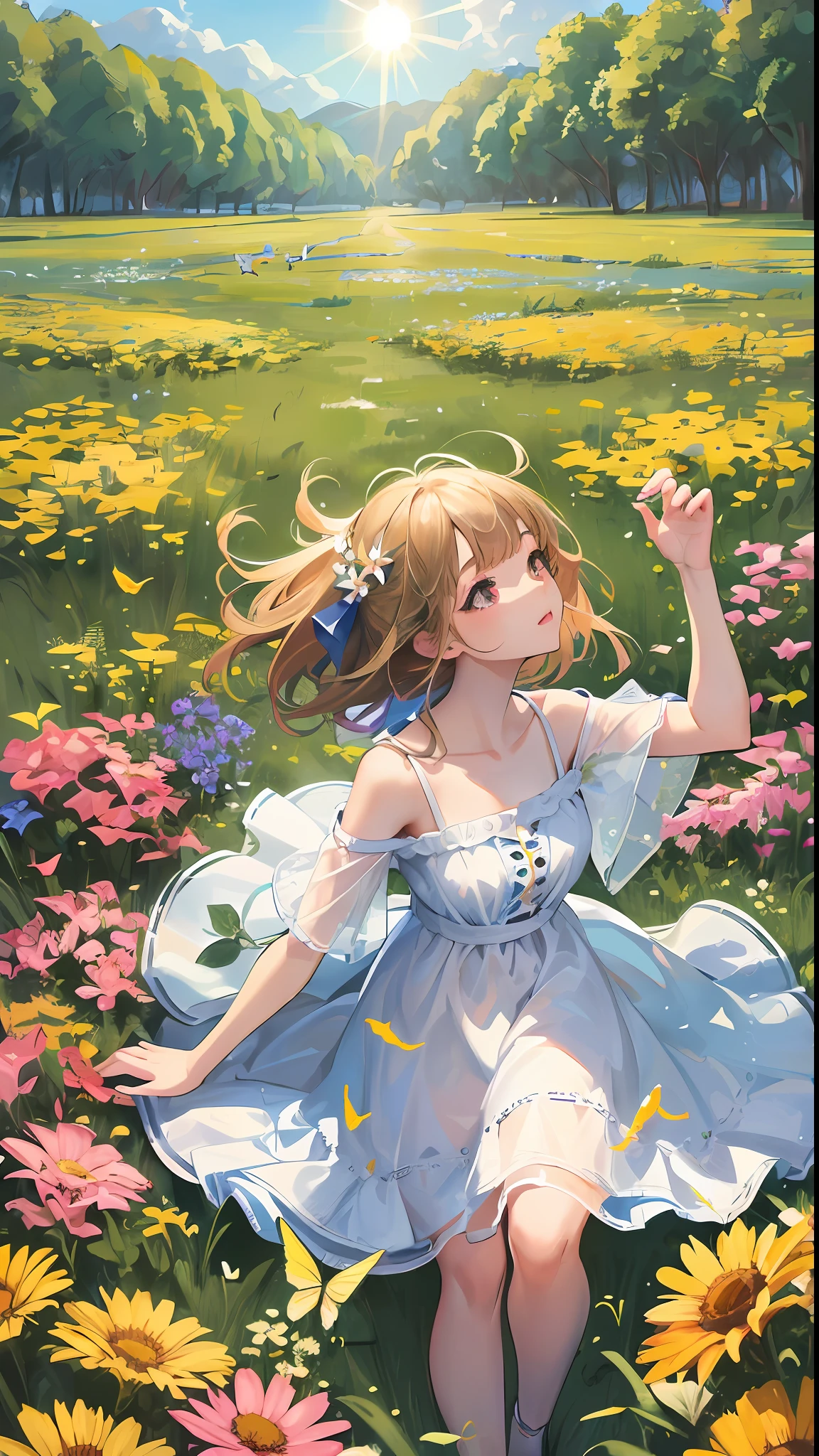 High Detail, Ultra Detail, Ultra High Resolution A cute and innocent girl is enjoying her time in an open field, surrounded by the beauty of nature, with the warm sun shining on her and wild flowers swaying gently in the breeze. Butterflies and birds flutter around her, adding to the playful atmosphere, --v6