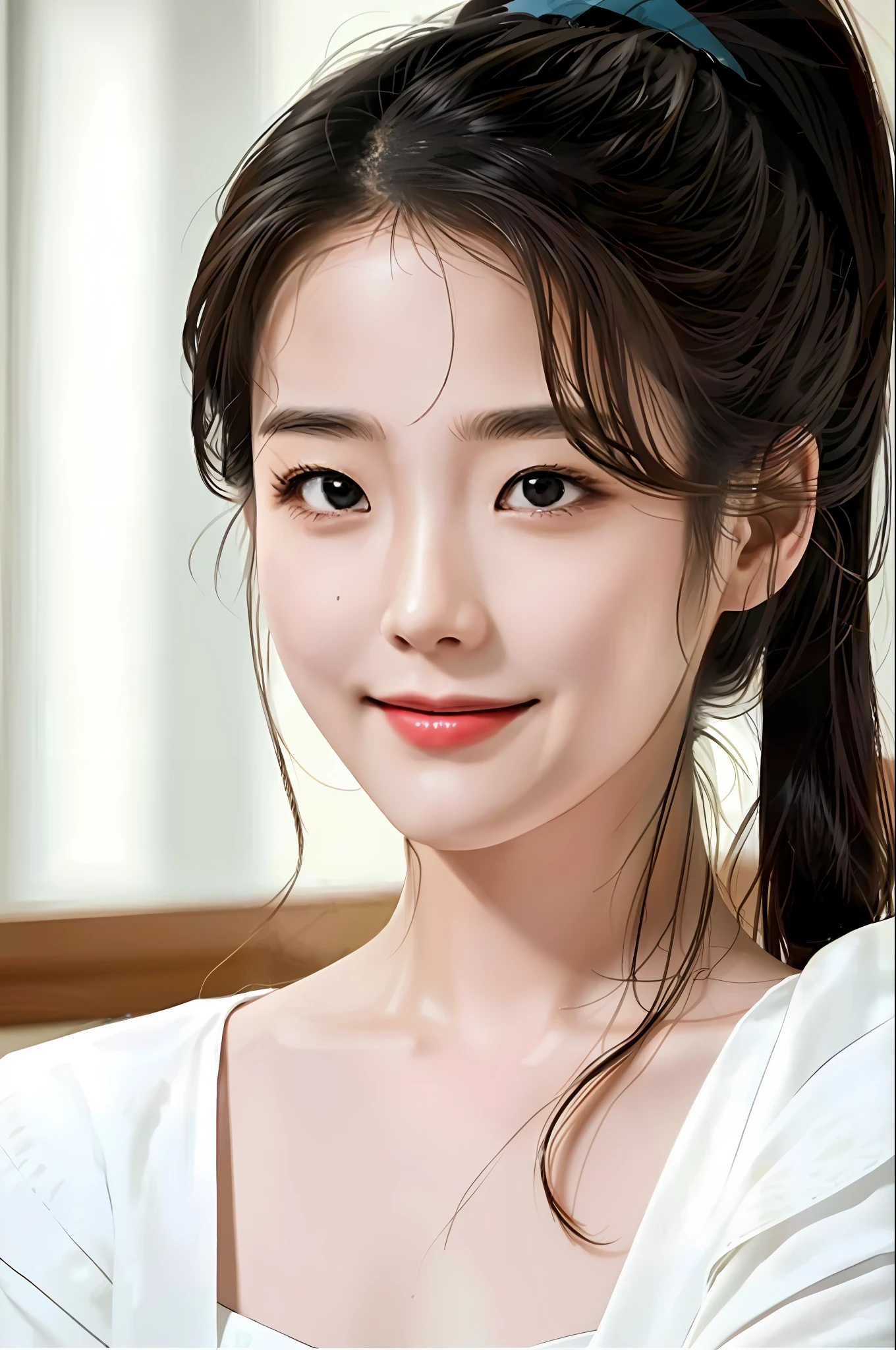 Masterpiece, top class, sunset light, handsome (1girl), ponytail, Korean woman, shoulder exposure, look at the viewer, court lady, wife&#39;s house, detailed photo, smiling expression, sexiness, festival, anniversary,