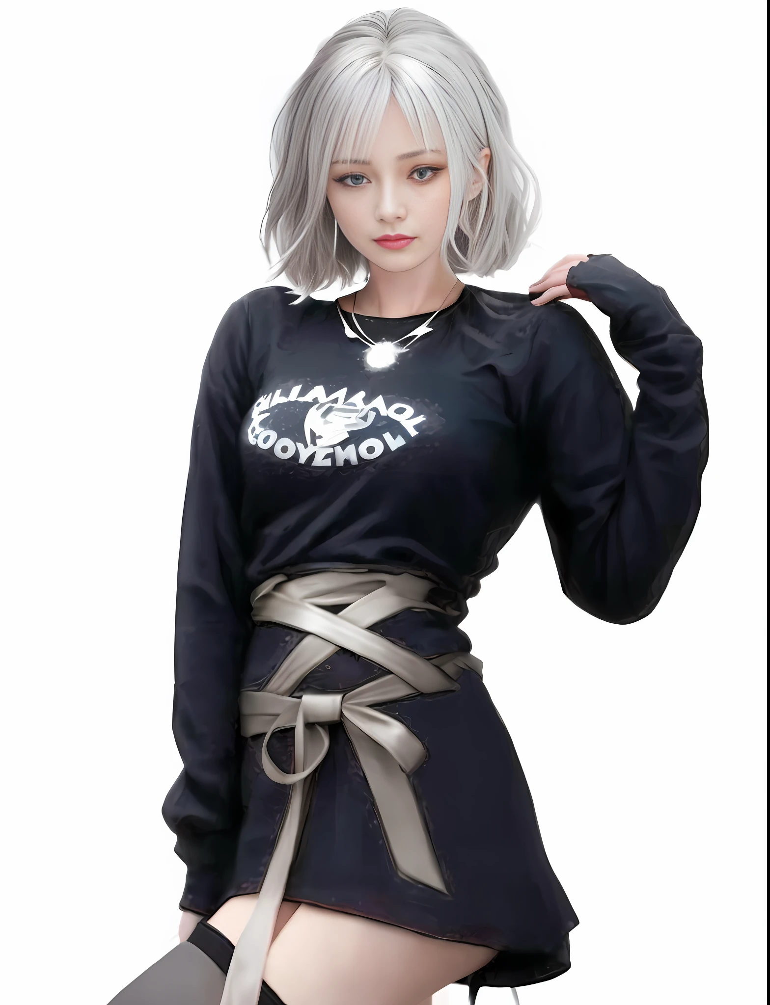 Closeup of a person wearing a black shirt and skirt, (8k, RAW photo, best quality, masterpiece:1.2), (realistic, photo-realistic:1.37), 1girl, solo, cute 3d anime girl rendering, realistic anime 3D Style, realistic anime girl render, girl with short white hair, girl with silver hair, April's render, realistic clothing, girl with silver hair, realistic art style, single character full body, clear