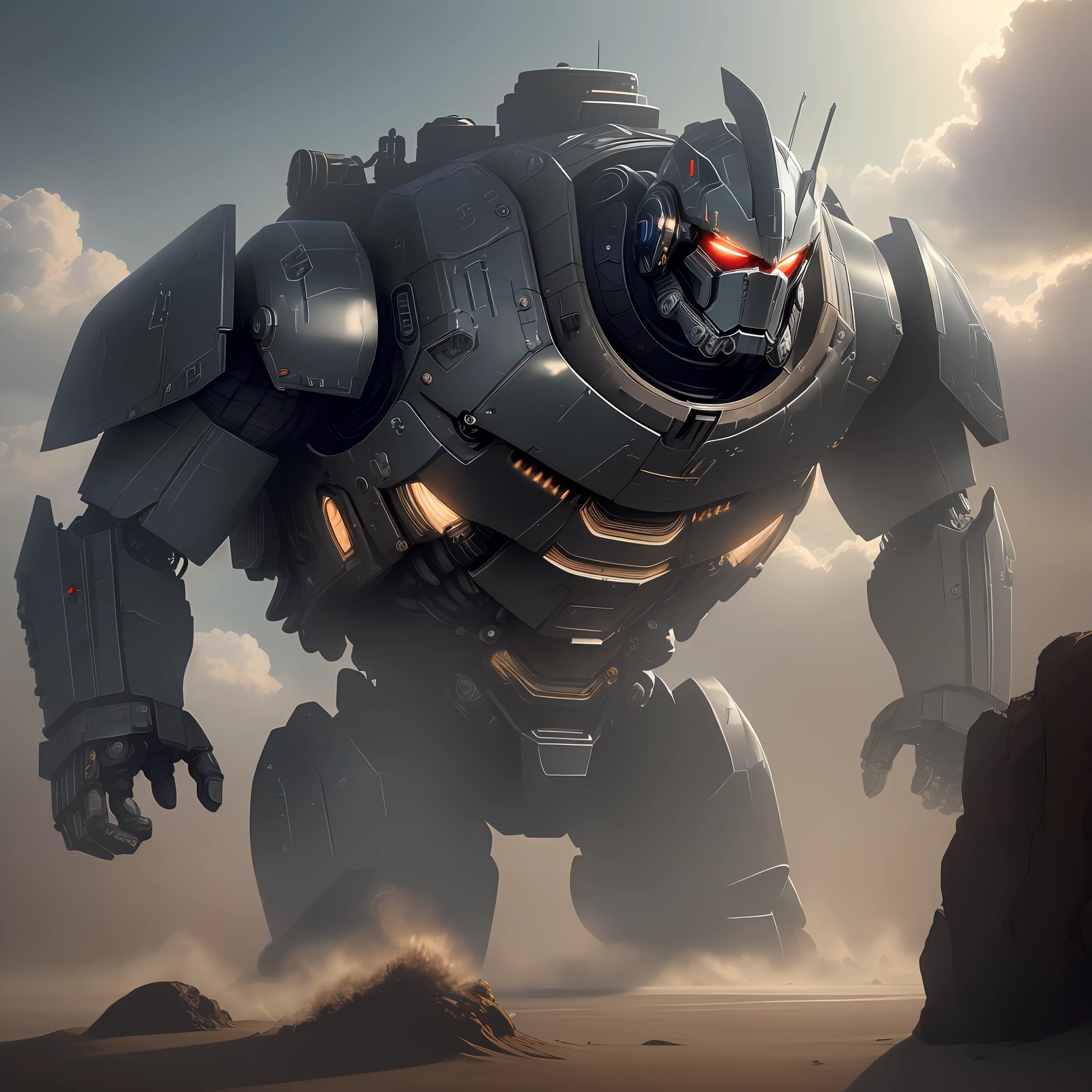 "A masterpiece of Pacific Rim mecha, heavy weapons, 8K, rendered in stunning 8k CG with the best quality and great attention to detail. Featuring tank tracks, dynamic poses, epic lighting, massive barrels and a stylish blue lightsaber. The armor is well crafted and lifelike in a 1.4 scale. The finest shadows and side lights accentuate the intricate details, while intricate cloud and dust effects complete the scene. The weathered body, delicate fingers, and glowing eyes .”