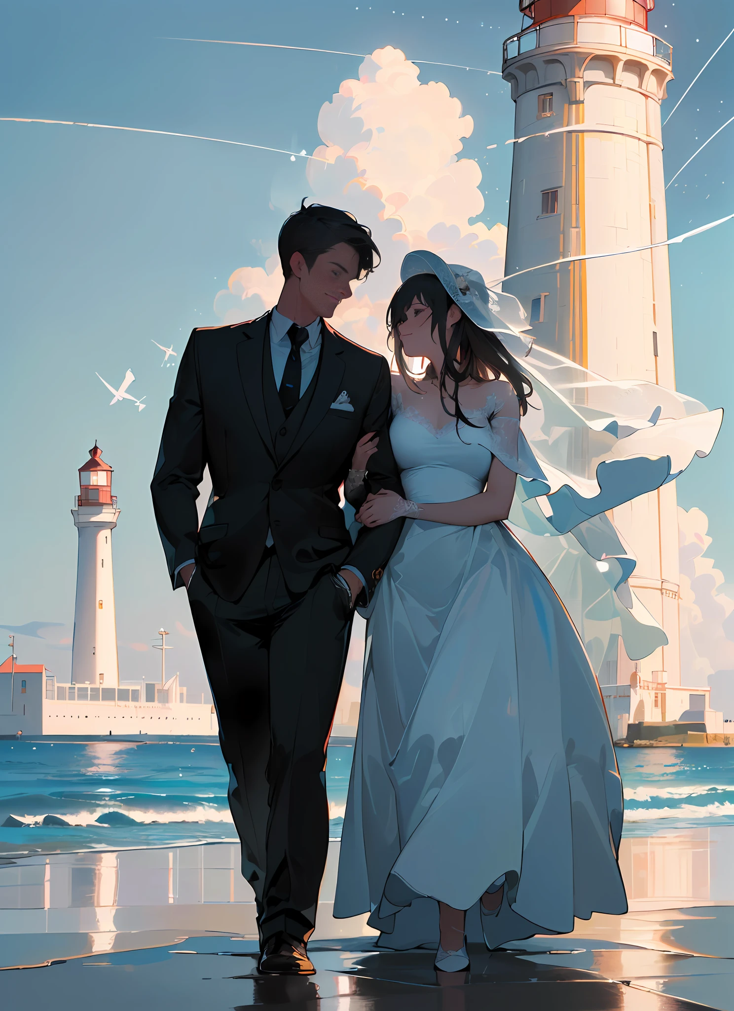 (((8k, RAW photo, best quality, Masterpiece: 1.4))), super high resolution, super detailed, illustration, closeup, handsome man and woman walking hand in hand, wedding by the sea, lighthouse, seaside, nature, starry sky, future, imagination, outdoors