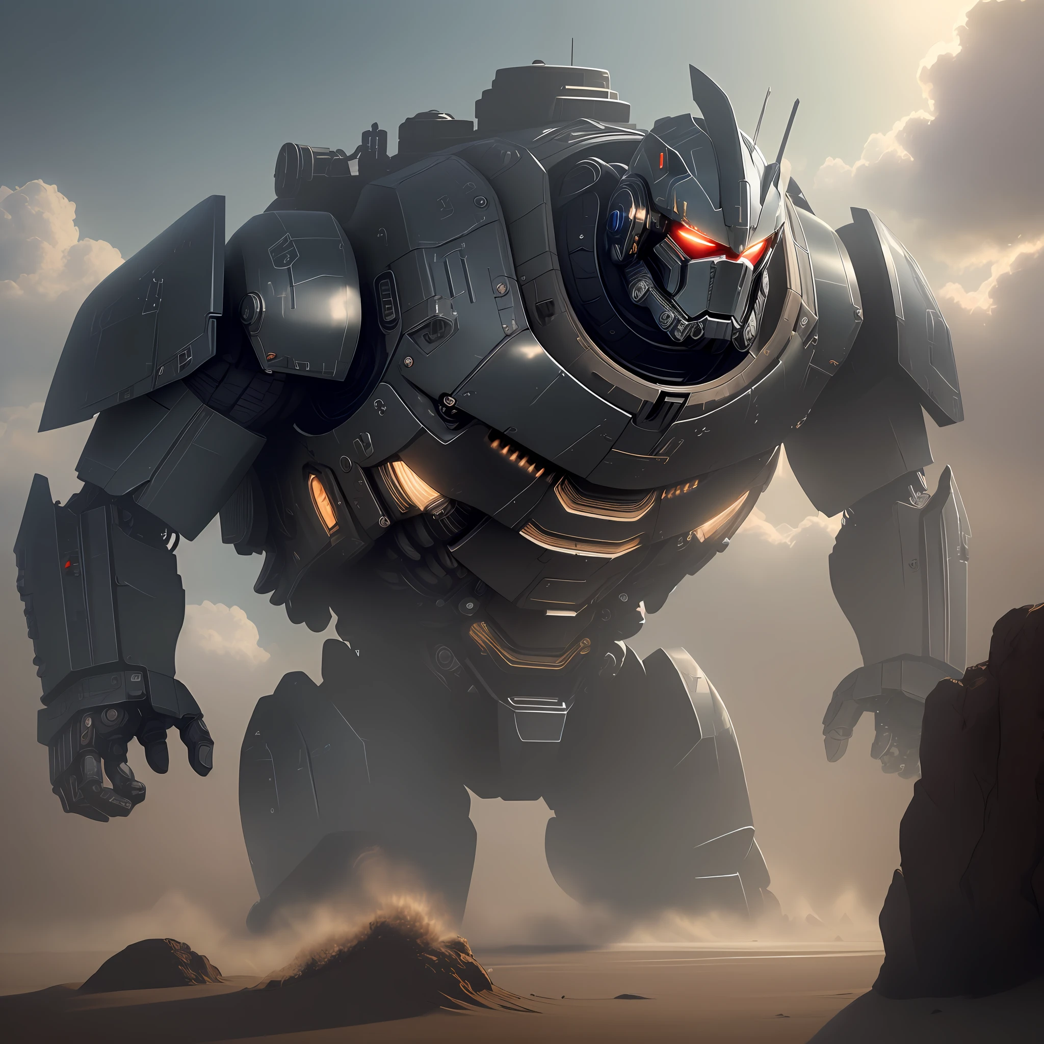 "A masterpiece of Pacific Rim mecha, heavy weapons, 8K, rendered in stunning 8k CG with the best quality and great attention to detail. Black body, dynamic pose, epic lighting, massive barrel and Stylish blue lightsaber. Armor is well crafted and lifelike, scale 1.4. Best shadows and side lights accentuate intricate details, while intricate cloud and dust effects complete the scene. Weathered body, delicate fingers, glowing eyes. "