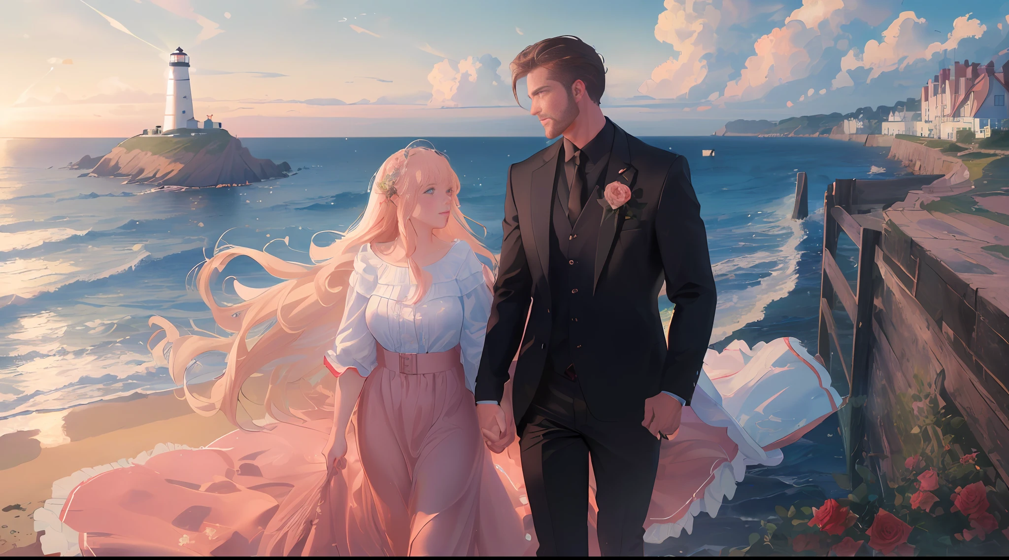 (((8k, RAW photo, best quality, Masterpiece: 1.4))), super high resolution, super detailed, illustration, closeup, handsome man and woman, looking at each other by the sea, lighthouse, seaside, roses, nature scenery, starry sky, future, imagination, outdoor