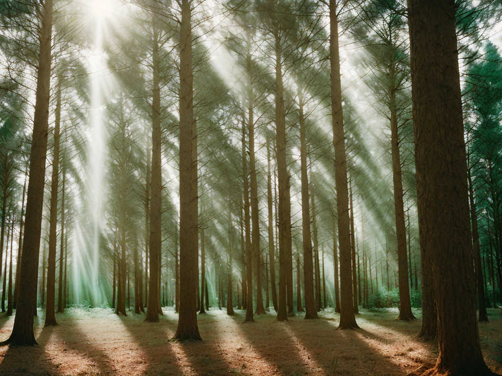 pine forest with light beams shining down, high quality photograph, bokeh, analog, depth of field, portra 800 film,