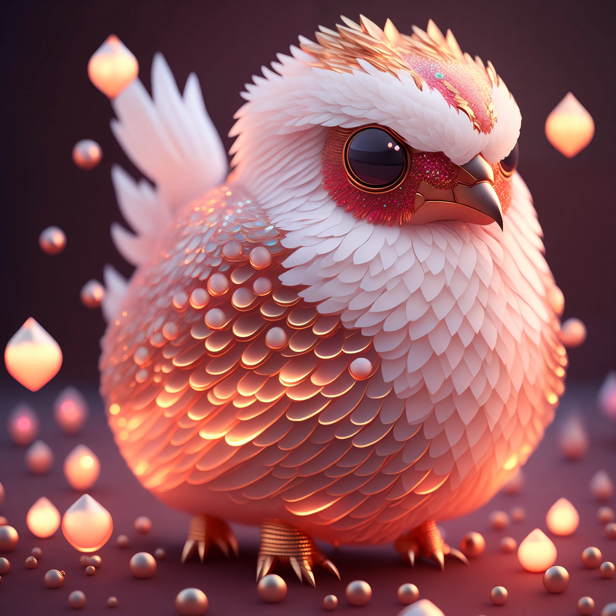 Highly detailed intricate concept art trend artstation 8k of a cute little chubby phoenix made of crystal balls with low poly eyes