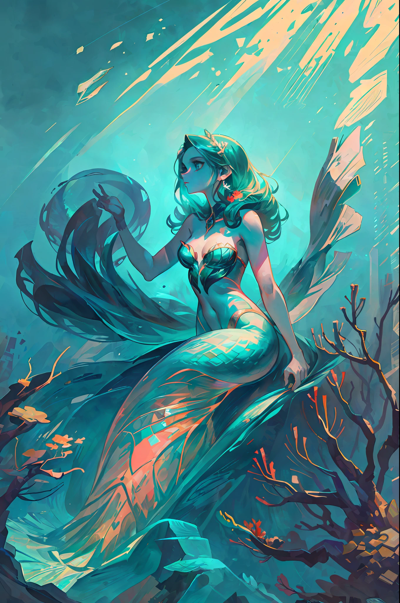 In the deep water of a coral reef, there is a mermaid that looks like a beautiful woman, the body color is more like emerald, the structure is a half mermaid, she looks at me from above, and I look at her from below, I hold a pearl in my hand --v 6