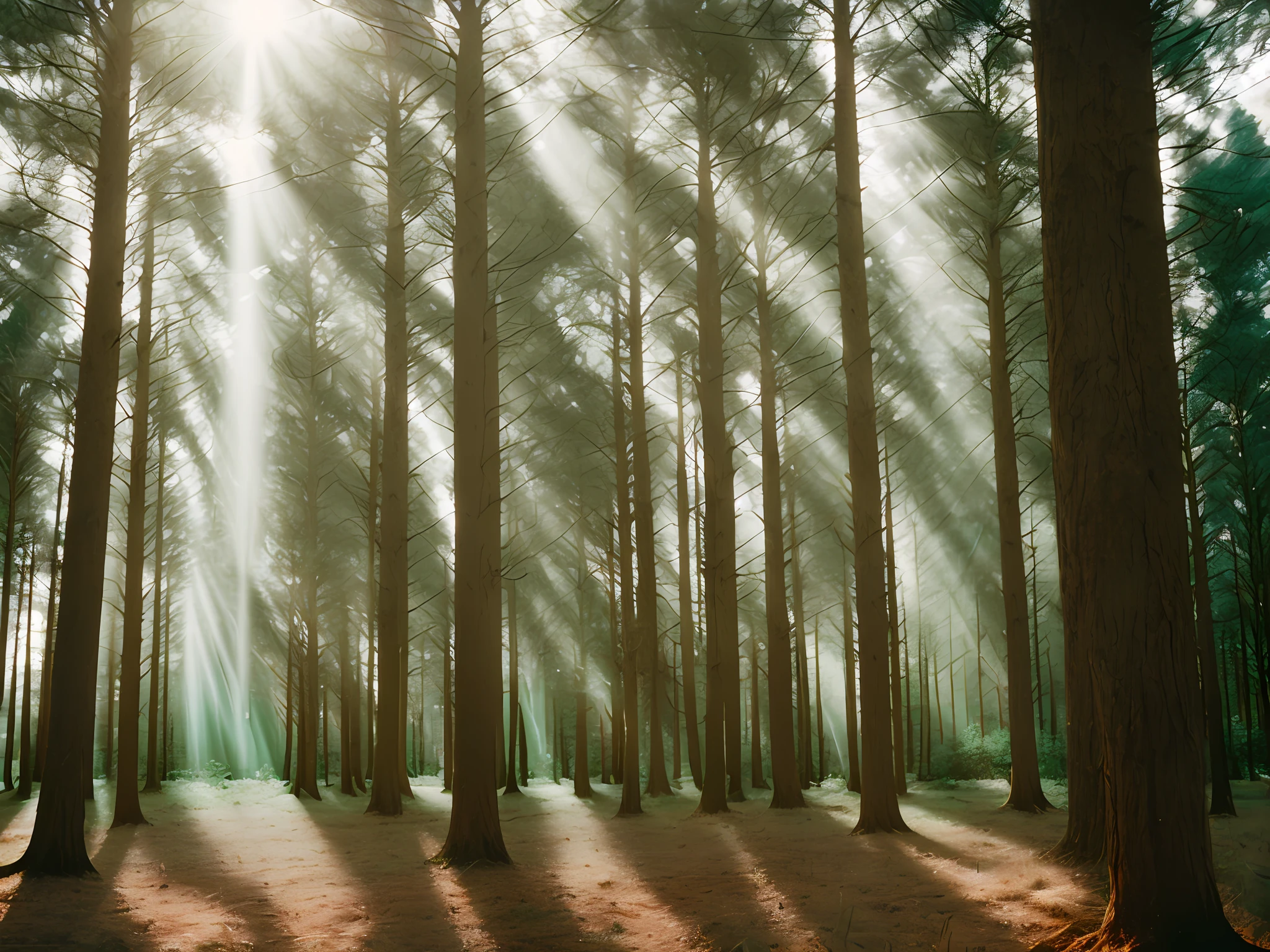 pine forest with light beams shining down, high quality photograph, bokeh, analog, depth of field, portra 800 film,