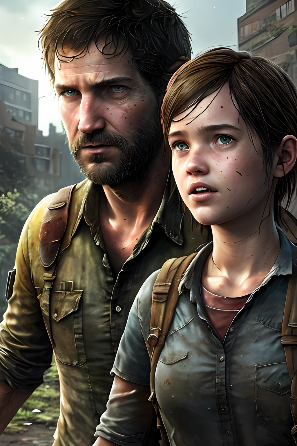 Comic book cover art. Hyper detailed portrait Ellie and Joel, The Last of Us, style of Mark Saxton.