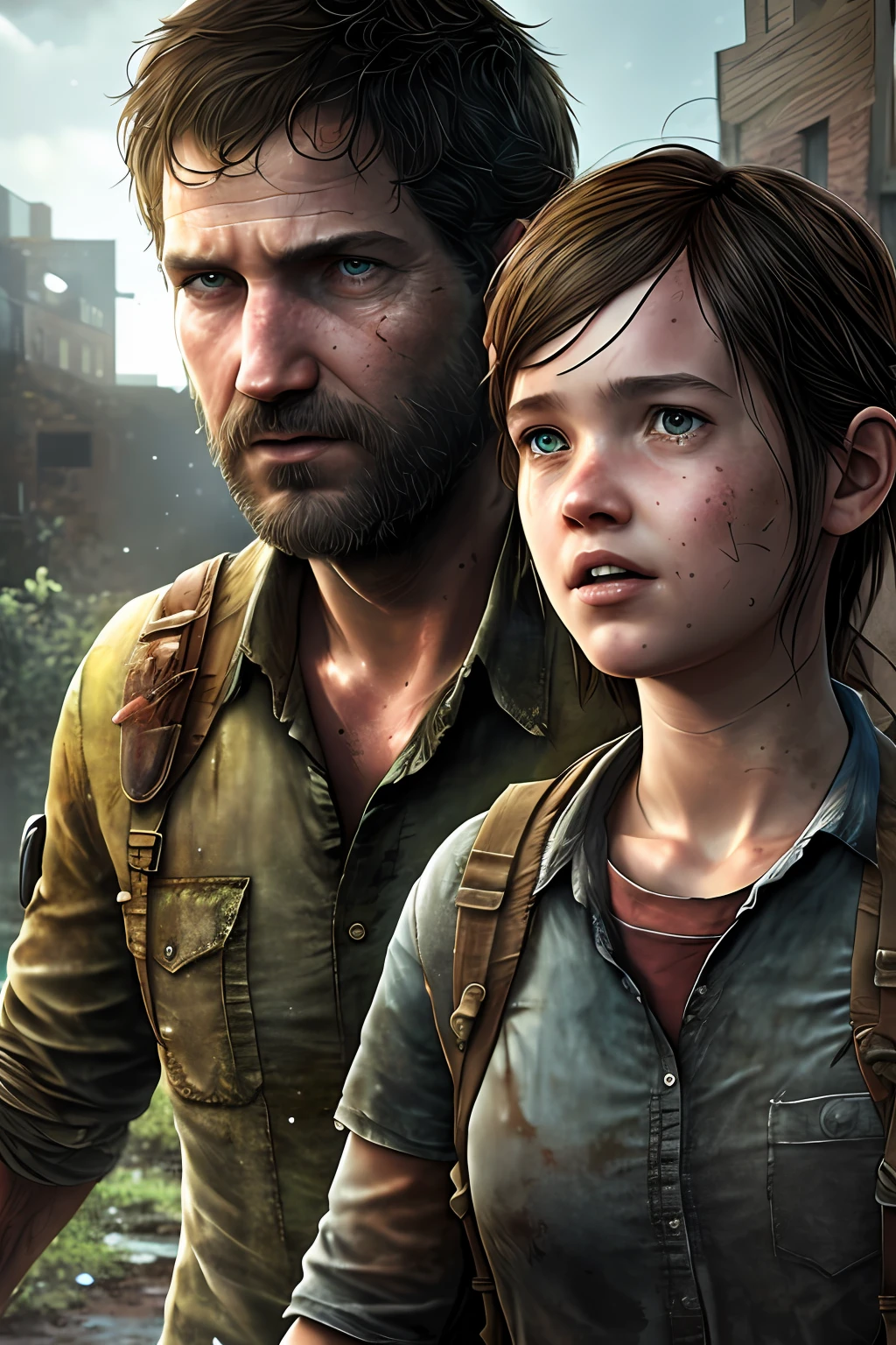 Comic book cover art. Hyper detailed portrait Ellie and Joel, The Last of Us, style of Mark Saxton.