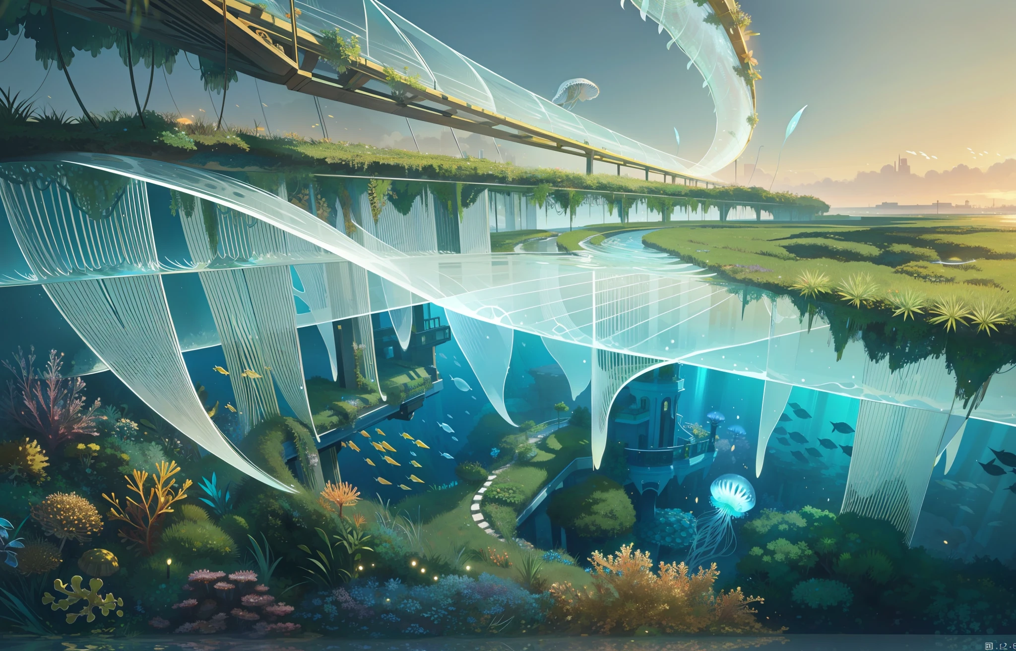 Masterpiece, High Quality, Ocean Forest, City, Fantastic Fantasy, Glowing Plants, Coral Viaduct, (Swarm of Glowing Jellyfish), (Shoal of Fish with Transparent Wings Flying in the Sky), Misty, Extreme Detail, Morning Light, Epic Composition, (Intricate Detail), (Intricate Design, Ultra Detail: 1.2), Art Station, (Masterpiece, Best Quality), Ultra HD, 32k --v 6