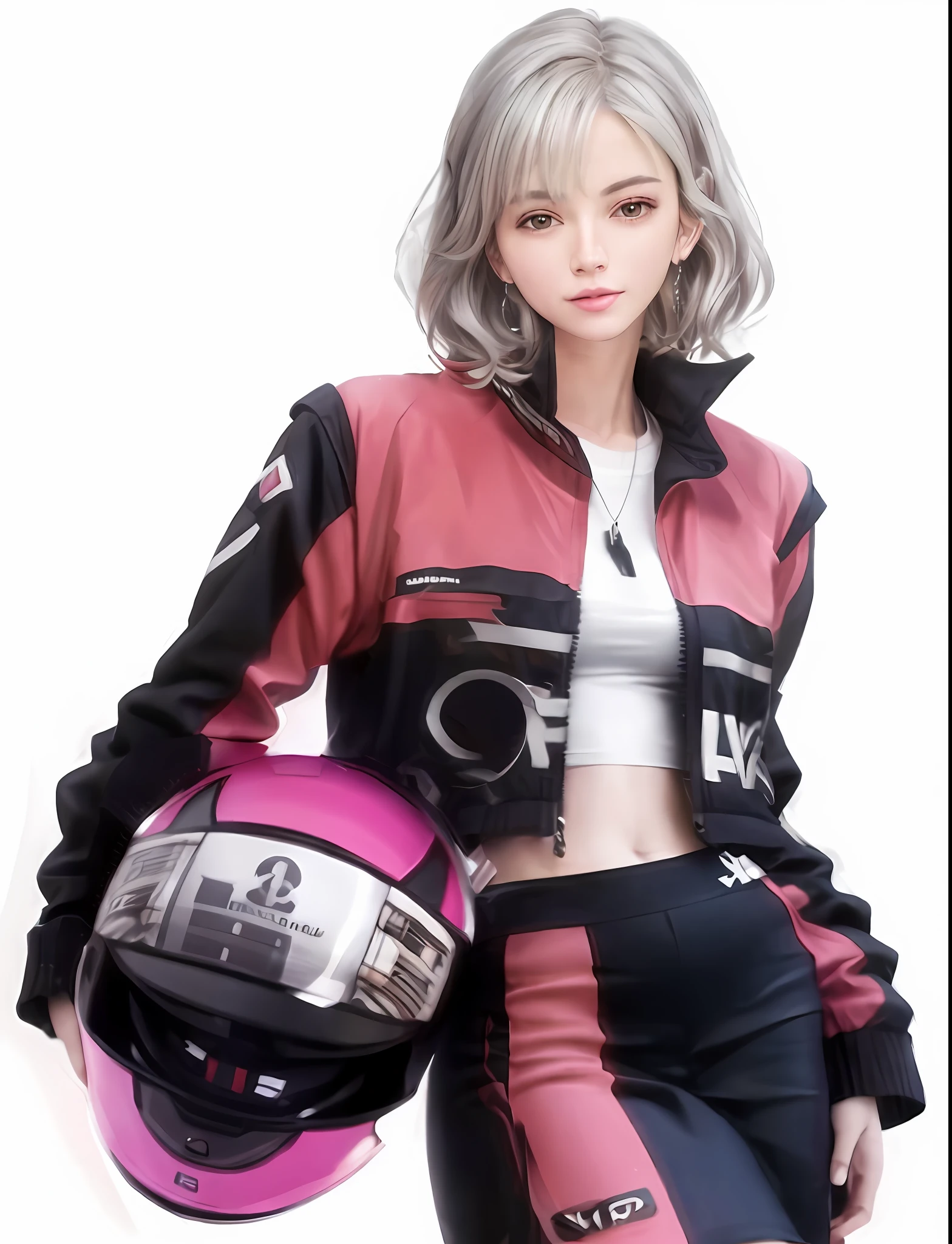 (8k, RAW photo, best quality, masterpiece:1.2), (realistic, photo-realistic:1.37), 1girl, solo, close-up shot of a person wearing helmet and jacket, cute 3d anime girl rendering, realistic anime 3D style, realistic anime girl render, girl with short white hair, girl with silver hair, April&#39;s rendering, realistic clothing, girl with silver hair, realistic art style, single character full body, clear