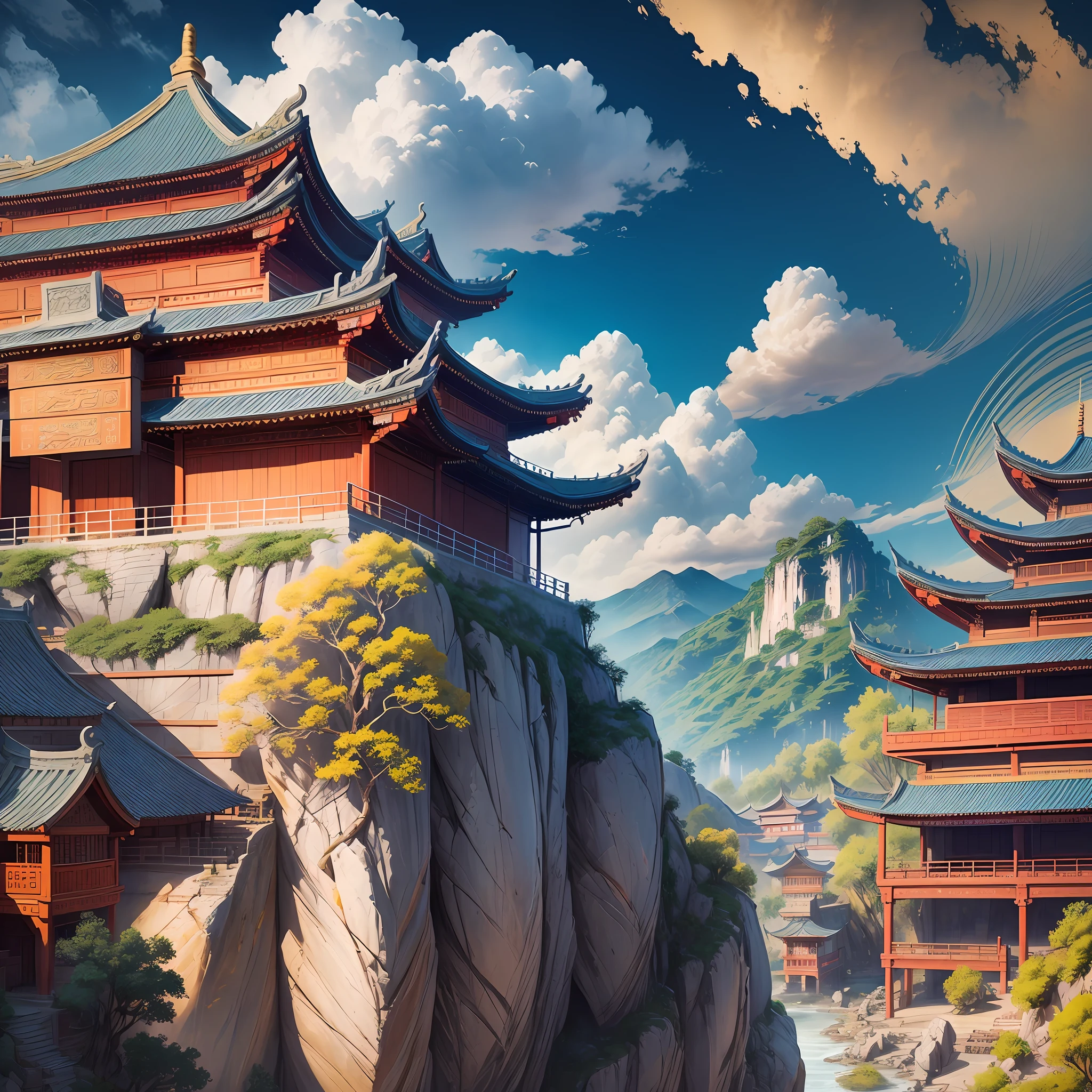 Ancient Chinese landscape, ancient buildings, pavilions, carved beams and painted buildings, beautiful mountains and rivers, inspired by Jin Yong martial arts, sunshine, ink painting style, clean colors, decisive cuts, blank space, realistic, masterpiece, super detailed, epic composition, high quality , highest quality, oversaturated, surreal, artgerm, 32 --v 6