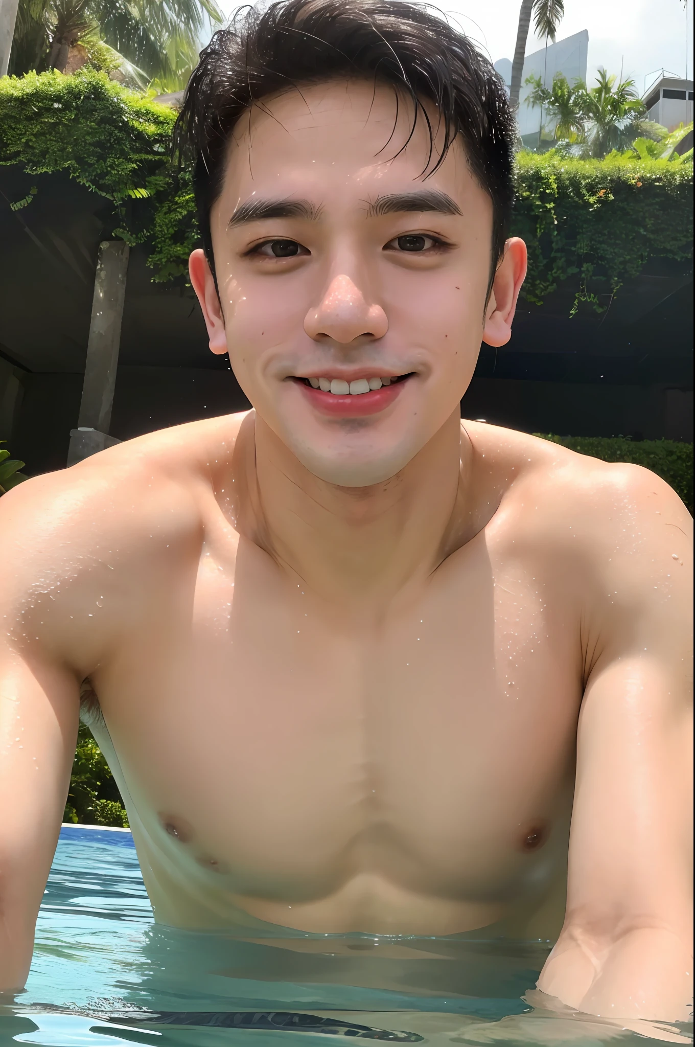 portrait of david licauco, mature, barechest, man, wet, biceps. high quality, dynamic angle, masterpiece, chest, smile