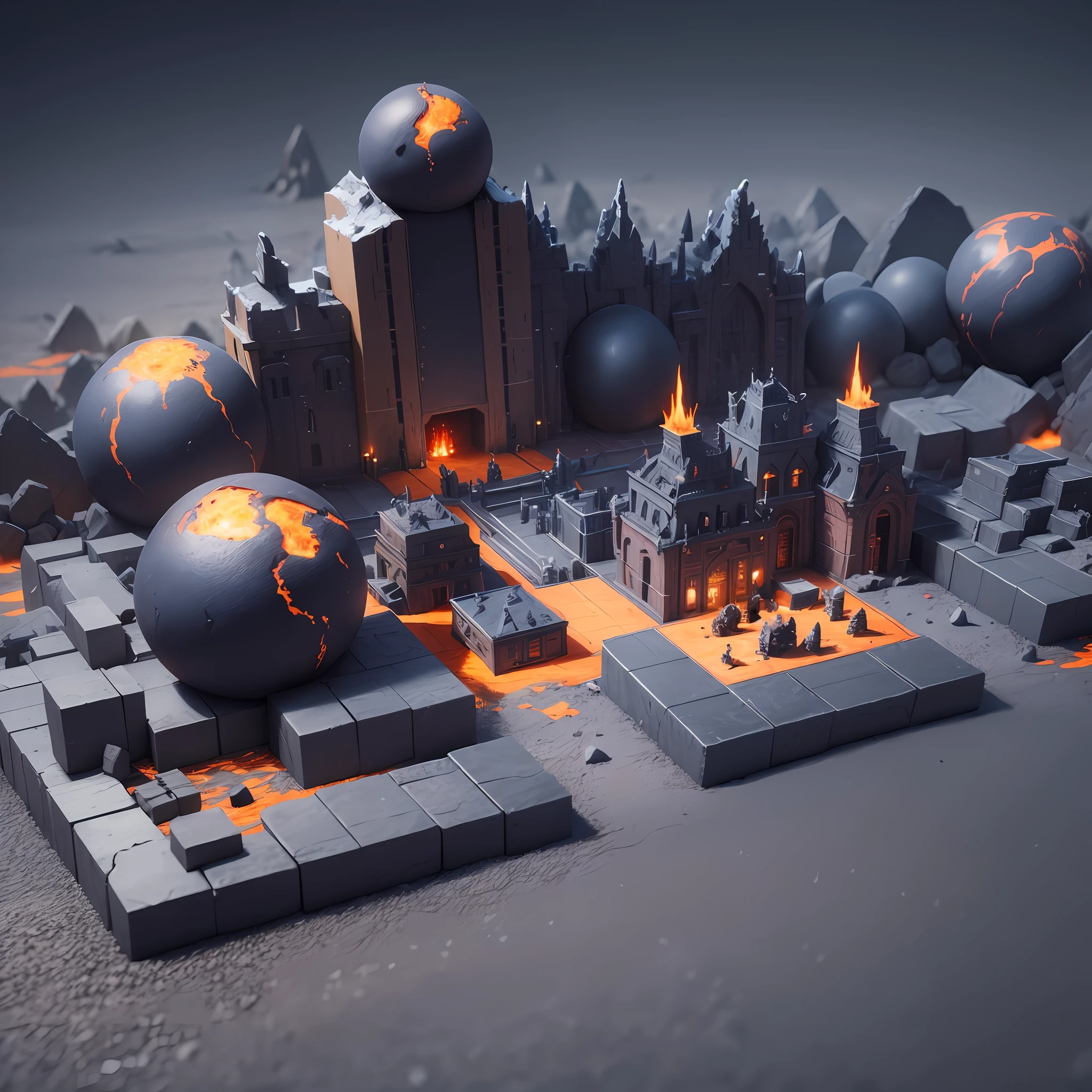 In this evil land, there is a huge demon armory, where demons forge and collect all kinds of destructive weapons. The entire building is surrounded by magma, as if erupting from the ground. Here demons perform occult rituals and throw terrible weapons capable of destroying worlds, (isometric view), (top down), 3D rendering, very high definition, high detail, 8k, cinematic lighting, super high resolution, game asset --v 6