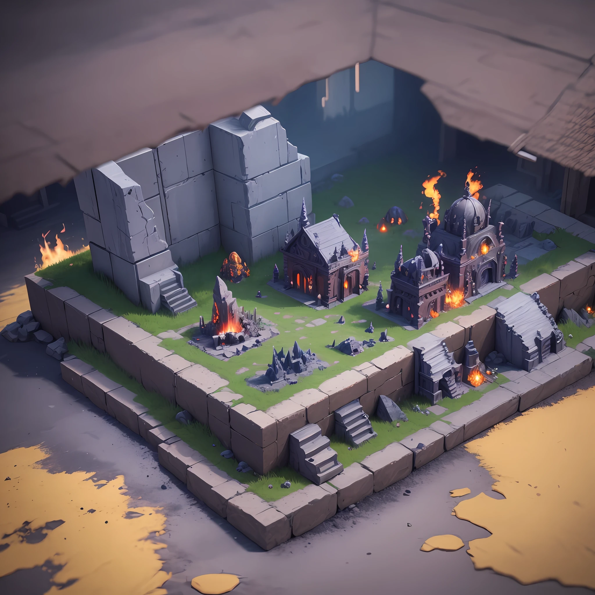 In this evil land, there is a huge demon armory, where demons forge and collect all kinds of destructive weapons. The entire building is surrounded by magma, as if erupting from the ground. Here demons perform occult rituals and throw terrible weapons capable of destroying worlds, (isometric view), (top down), 3D rendering, very high definition, high detail, 8k, cinematic lighting, super high resolution, game asset --v 6