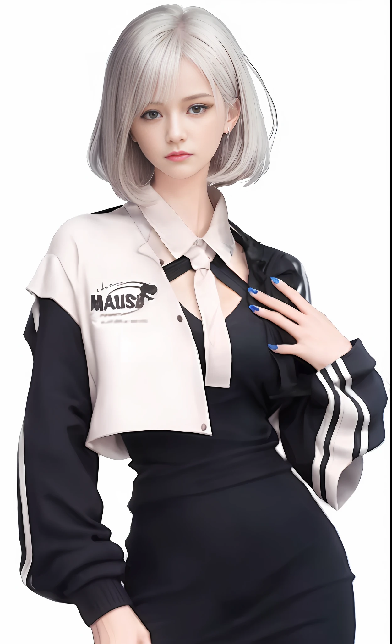 Closeup of a person wearing a black shirt and skirt, (8k, RAW photo, best quality, masterpiece:1.2), (realistic, photo-realistic:1.37), 1girl, solo, cute 3d anime girl rendering, realistic anime 3D Style, realistic anime girl render, girl with short white hair, girl with silver hair, April&#39;s render, realistic clothing, girl with silver hair, realistic art style, single character full body, clear