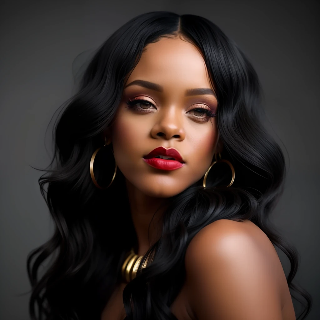 Rihanna, dark red lips, black curly long hair, heavy makeup, gold hoop earrings, front view, solid color background, stage lights, original mock up style, charming eyes, charming expression. The background should be neutral and simple, paying close attention to details such as the highlights and shadows on his face and hair to create a realistic and realistic image. Experiment with different lighting techniques to enhance the mood and mood of your portraits. highly detailed skin, skin detail, sharp focus, volumetric fog, 8k uhd, dslr, high quality, film grain, fujifilm xt3
