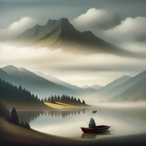 Ink landscape painting, there are many undulating hills in the distance, near a lake, the lake is surrounded by clouds and mist, there is a small boat in the lake, and an old man is sitting on the bow of the boat to fish