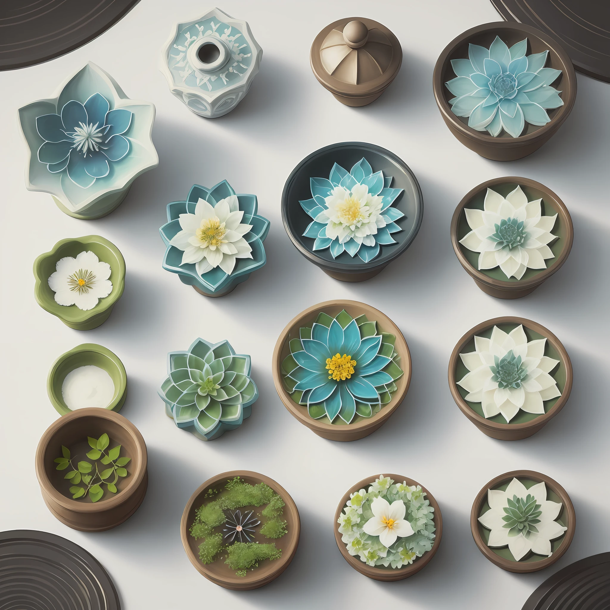 top view,different shapes of items like herbs and flowers,food and nature,fountains ,fruits,wonderful items art,simple,style water painting acrylic, detailed style,vibrant gradient colors,masterpiece,white background,beautiful