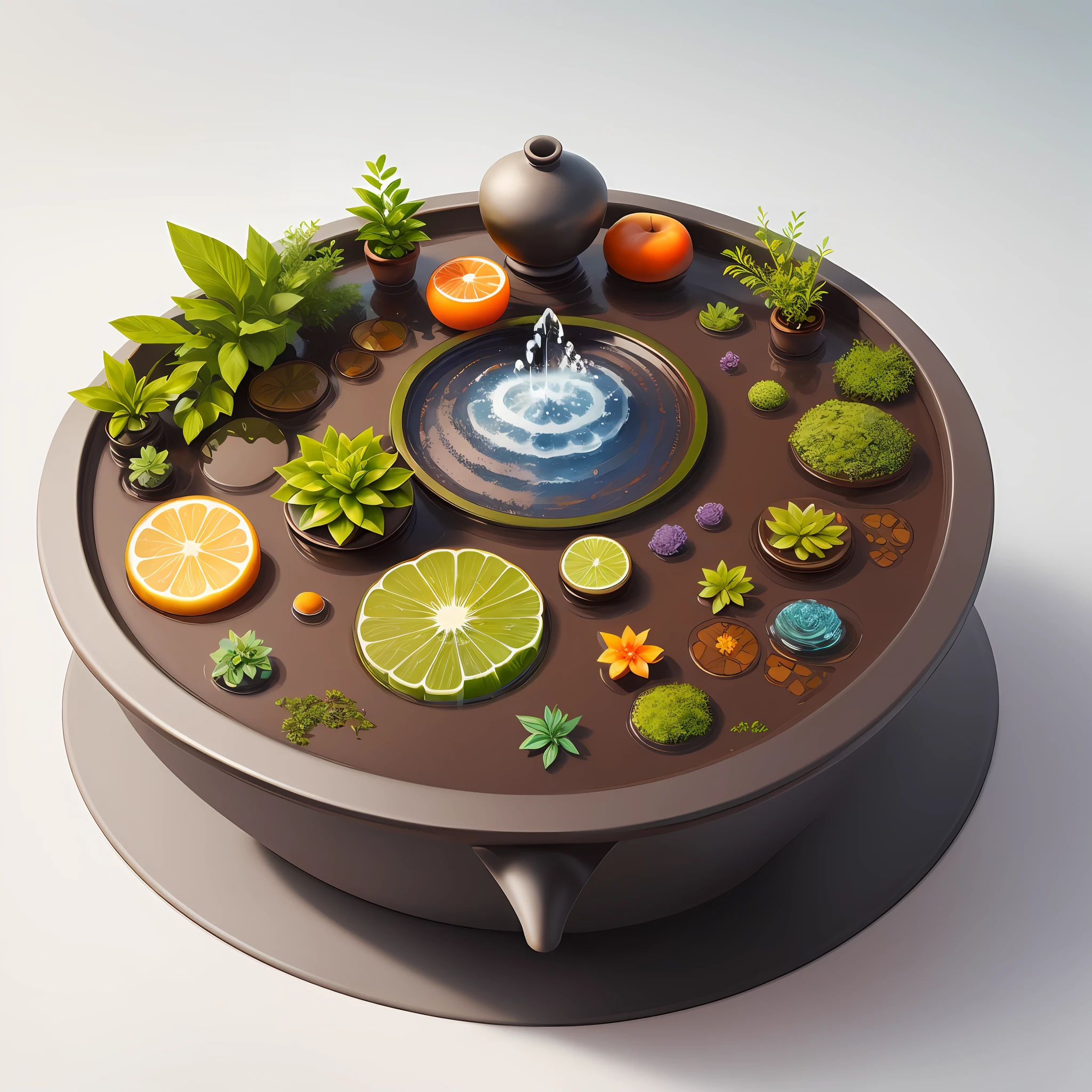 top view,different shapes of items like  fountains and herbs and flowers,food and nature,fruits,wonderful items art,simple,style water painting acrylic, detailed style,vibrant gradient colors,masterpiece,white background,beautiful