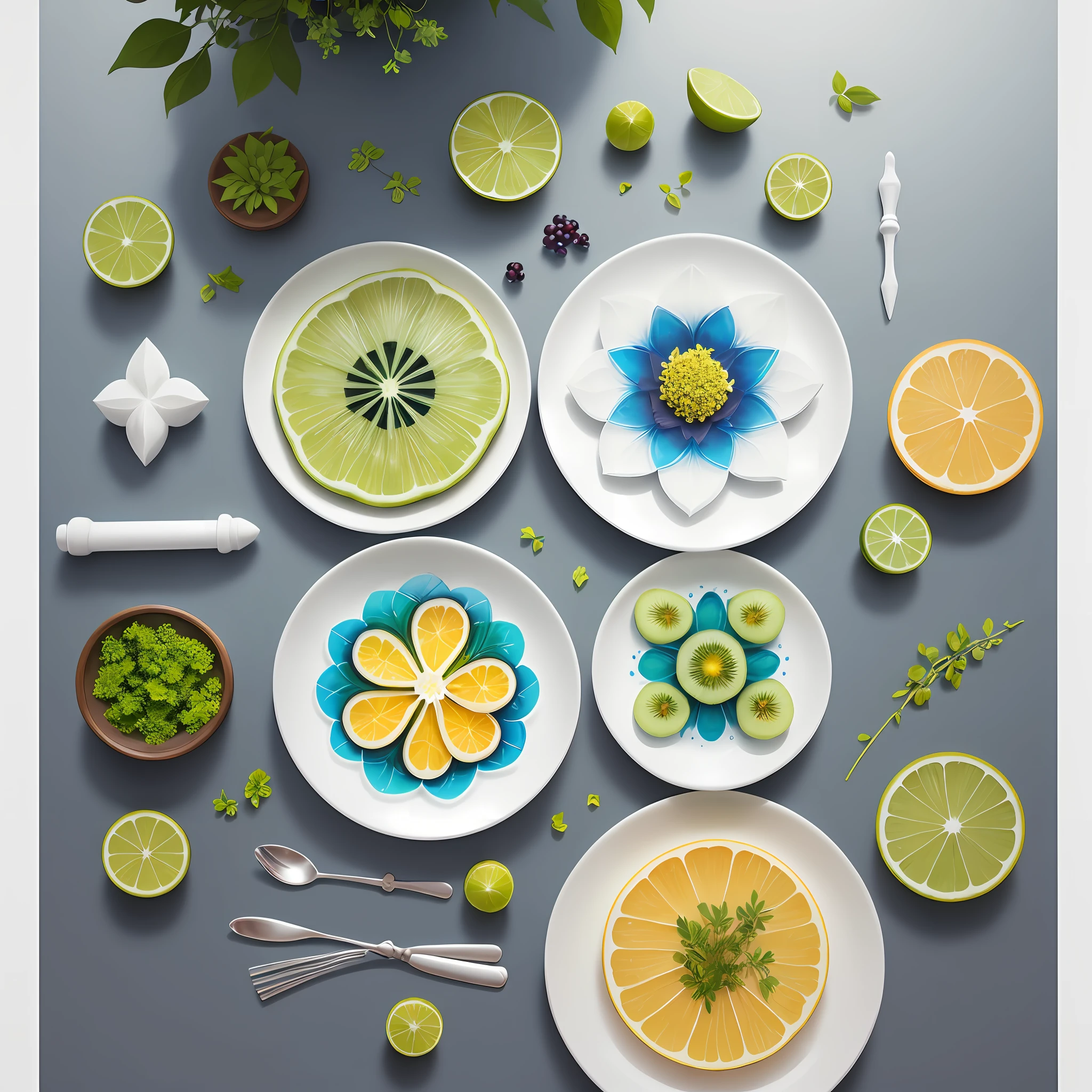 top view,different shapes of items like fruits and fountains and herbs and flowers,food and nature,wonderful items art,simple,style water painting acrylic, detailed style,vibrant gradient colors,masterpiece,white background,beautiful