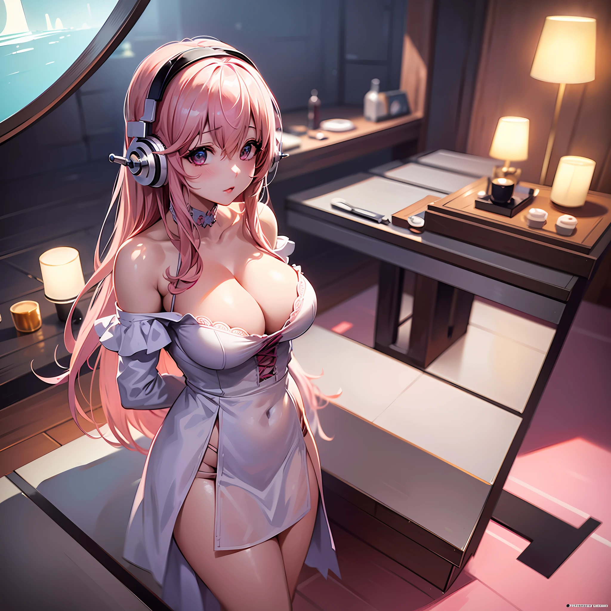 super sonico, masterpiece, best quality, ultra-detailed, illustration,(1girl),beautiful detailed eyes, looking at viewer, close up, (breast focus), (arms behind back:1.2), (from above:1.1), pink hair, huge breasts, (breasts out:1.3), (off shoulder:1.1), underwear,