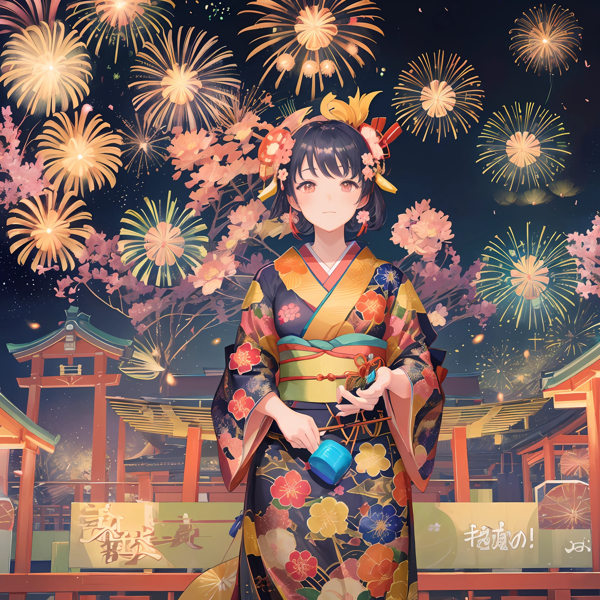 (beautiful girl in Japanese style kimono (1 person), summer festival atmosphere, detailed fireworks blooming in the background of nightfall, surrounded by fireflies), --v 6