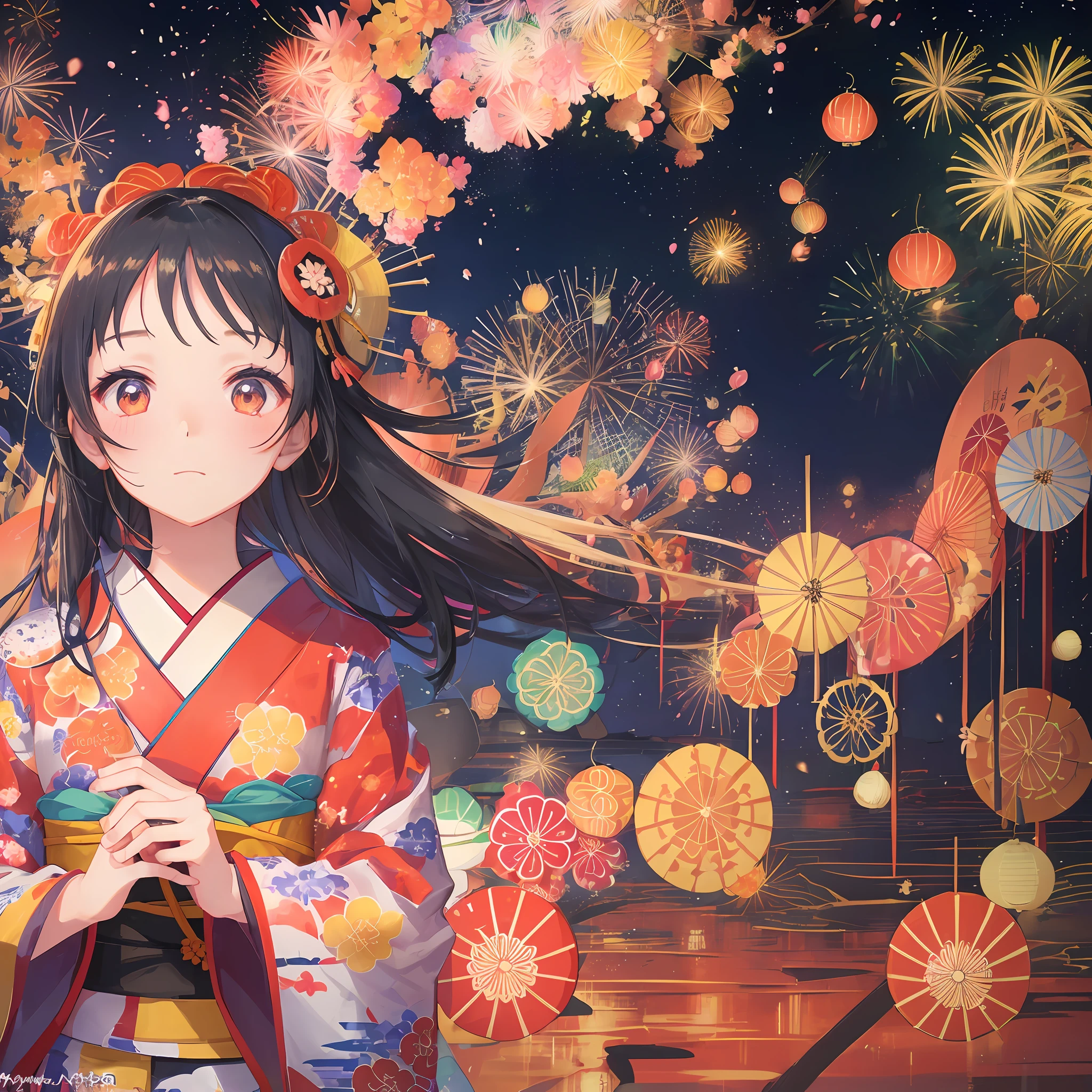 (beautiful girl in Japanese style kimono (1 person), summer festival atmosphere, detailed fireworks blooming in the background of nightfall, surrounded by fireflies), --v 6