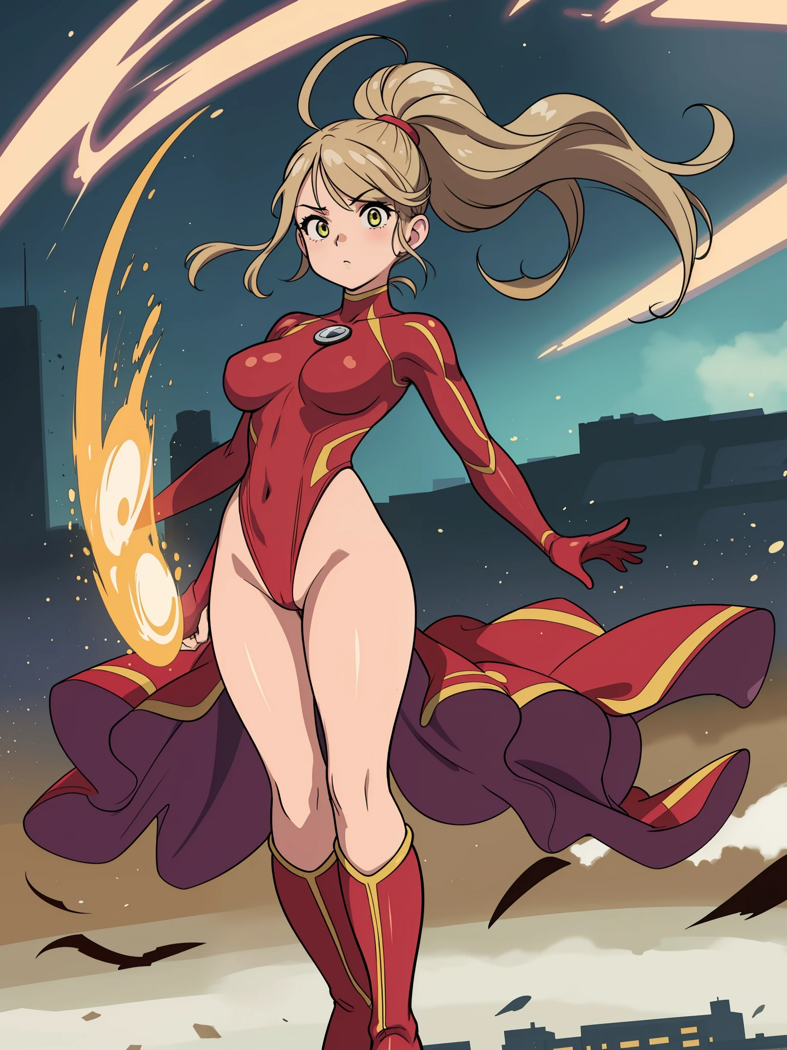 masterpiece, best quality, 1girl, female, superhero, leotard, bare legs, boots, matching boots, medium breasts, light particles, wind particles, aura, stand, standing, highleg, twirl, spin, tornado, tornado twirl, tornado spin, whirlwind, wind particles, city backdrop, time travel, solo,