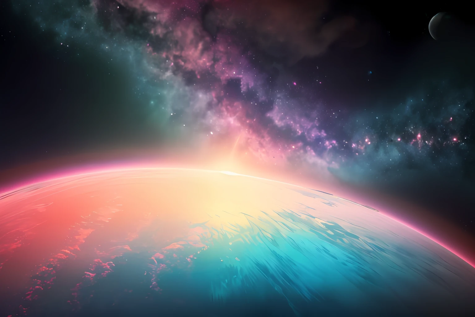 dublex ((((8k)))) HD photo extremely detailed render (((iridescent))) planet, thick hazy neon pink and orange atmosphere, deep green and blue ((swirling clouds))