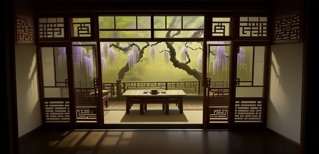 Ancient Chinese landscape, Wisteria hangs down from the top of the picture like willow branches, with a view from outside the window into the room, traditional Chinese ink painting, Chinese antique style wooden window, view from inside looking out of the window, high quality , highest quality, round windows, abundant flowers and plants