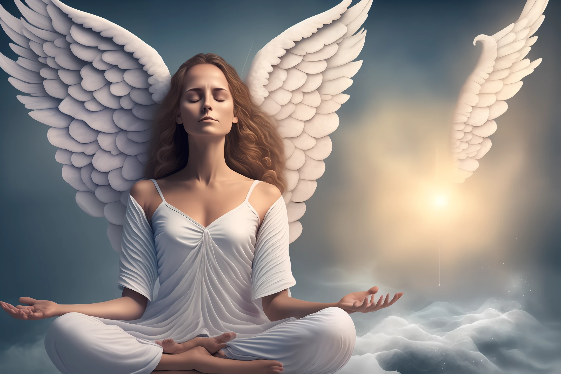 beautiful female angel is meditating, positive waves are coming out of her body