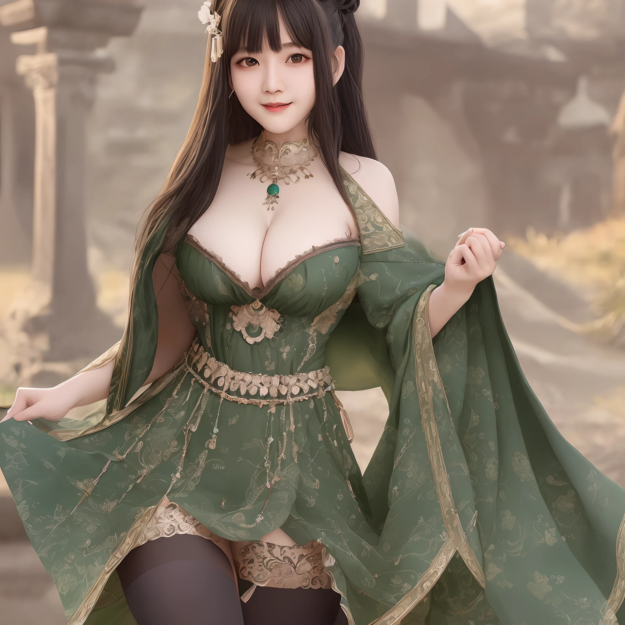 detailed skin texture, detailed cloth texture, beautifully detailed face, masterpiece, best quality, ultra detailed, 8k, intricate details, best quality, 1girl, bangs, bare_shoulders, black_hair, ancient china background, big breasts, thin, cape, cleavage, collarbone, green dress with patterns, gloves, hair_bun, hair_ornament, hair_stick, jewelry, one mole under eye, necklace, smile, solo, thighhighs, (hiqcgbody:0.5), (hiqcgface:0.5), full-body shot,