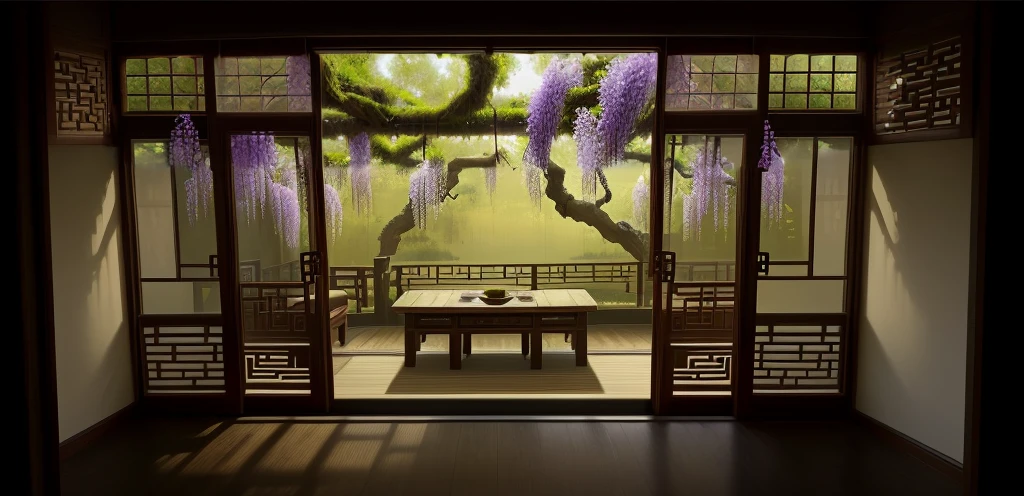Wisteria hangs down from the top of the picture like willow branches, Lush Wisteria