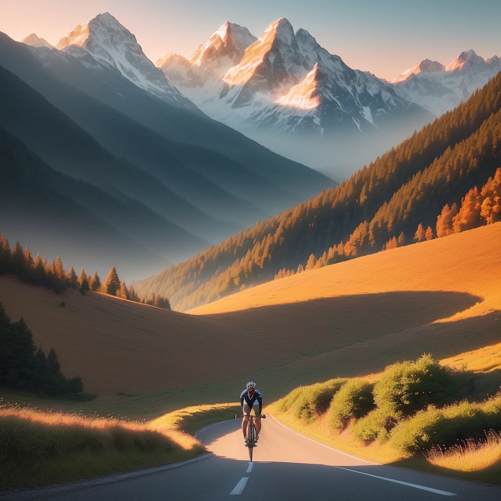 give me an art that already has the phrase written in the image ((GOOD MORNING!) using a script with the font ( Helvetica), In the image, we see a beautiful sunny landscape at dawn, with majestic mountains in the background. The scene conveys a sense of serenity and tranquility. In the foreground, there is a cyclist dressed in sports clothes, pedaling along a winding road that cuts through the landscape. The cyclist is in full motion, his legs moving in a vigorous and purposeful manner. he seems to be taking advantage of the good day and the beauty of the place to practice his passion for cycling. The sunlight illuminates the scenery, creating a play of shadows and enhancing the details of the mountains, trees and vegetation around. The sky is painted in tones soft oranges, pinks and blues, reflecting the peace and serenity of the moment. This image inspires a sense of energy, adventure and connection to nature, inviting us to take in the beauty of the world while enjoying a nice day outdoors .