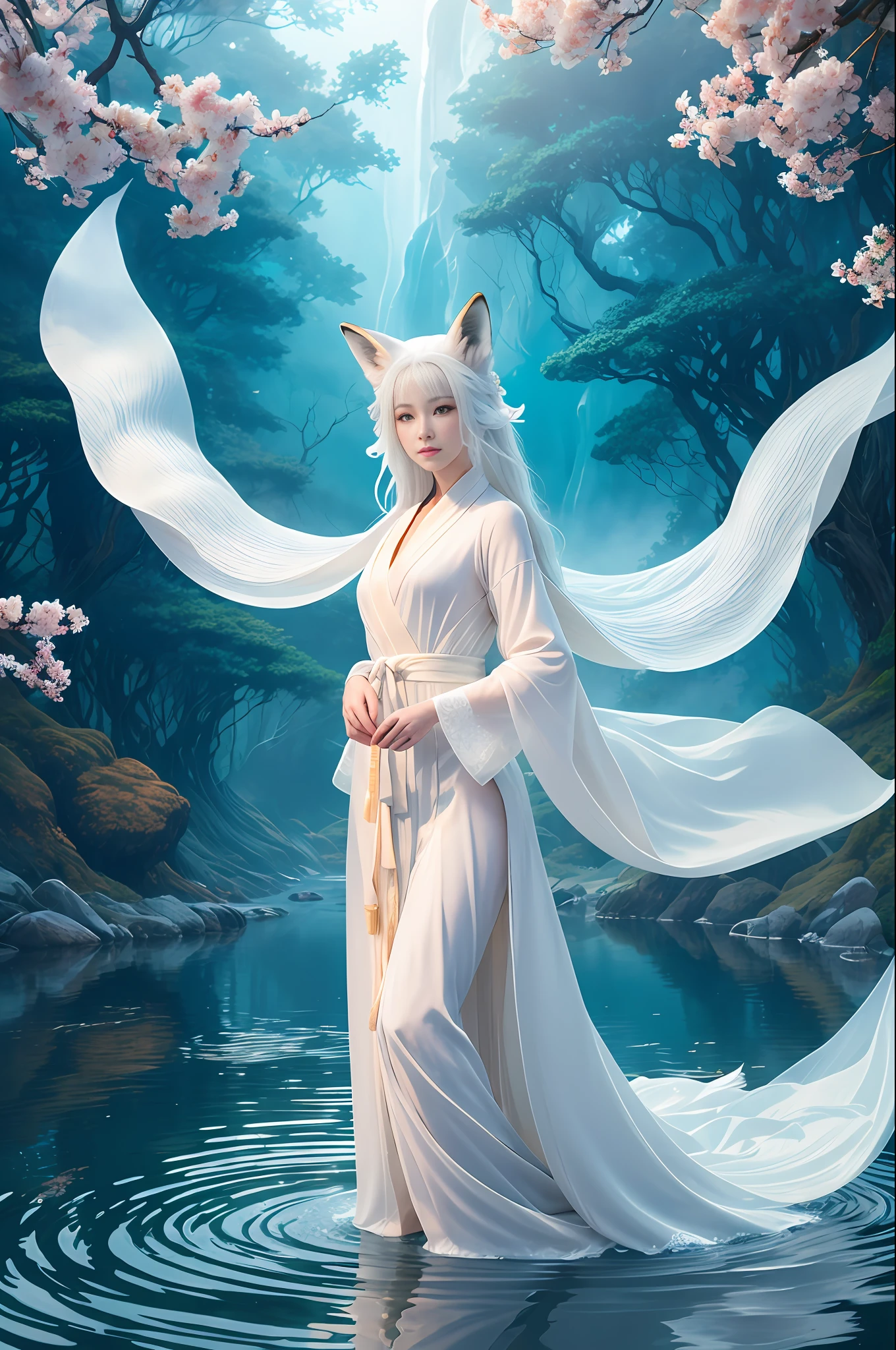 a beautiful and ethereal fox spirit dressed in a flowing white Chinese robe. The image captures the fox spirit standing gracefully on the water's surface, surrounded by white clouds and mist that lend an otherworldly quality to the scene. The fox spirit's long white hair and robes are swept up by the wind, adding movement and fluidity to the image. Use Midjourney's advanced brush tools to create intricate folds and textures in the fox spirit's robes and hair, and experiment with different color palettes and brush strokes to bring out the ethereal quality of the scene. The fox spirit's beauty is further enhanced by the way her image is sometimes obscured by the surrounding mist, giving the scene a sense of mystery and enchantment. With Midjourney's powerful tools, you can bring this captivating and ethereal scene to life with incredible detail and beauty. hdr, (photorealism, masterpiece quality, best quality), , pureerosface_v1,ulzzang-6500-v1.1,