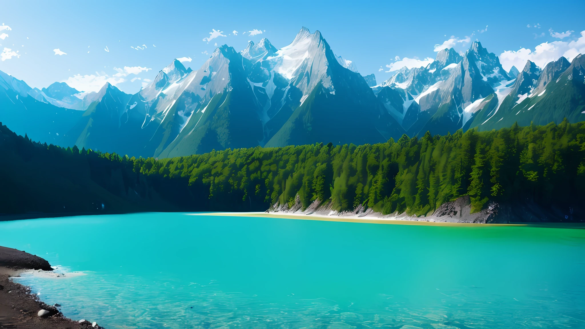 mountains and a body of water with a sandy beach in the foreground, majestic nature scenery, lakeside mountains, mountains and lakes, beautiful mountains, beatiful mountain background, beautiful mountains behind, breathtaking scenery, very beautiful scenery, beautiful lake, mountain lake, stunning scenery, very very beautiful scenery, breathtaking mountains, beautiful lake background, beautiful scenery, background mountains