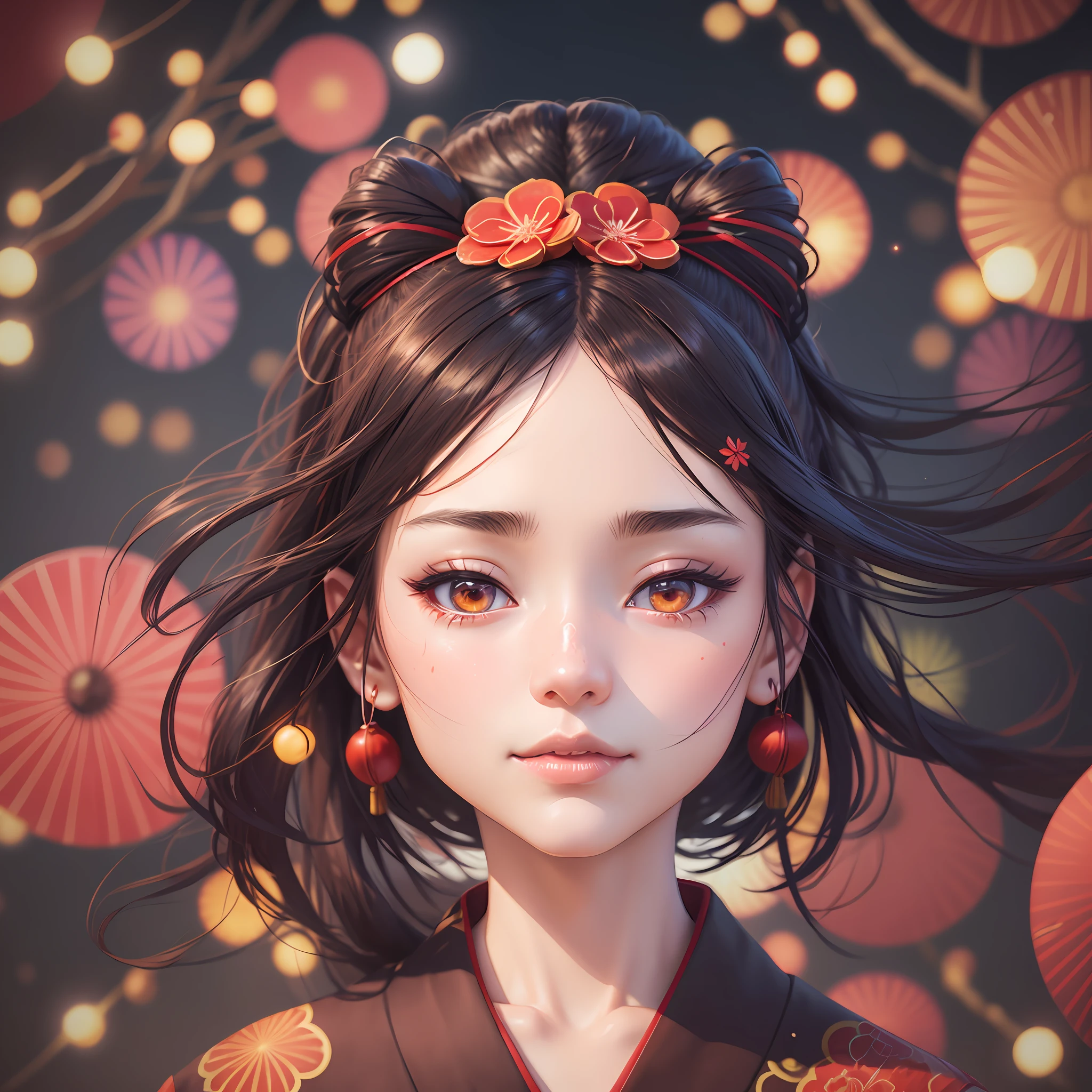 A female character with long hair and a red kimono, close-up character, summer festival, fireflies, night, fireworks, anime style 3d, character close-up, character close-up, 8k portrait render, --v 6