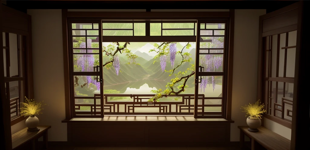 More Wisteria, Ancient Chinese landscape, Wisteria hangs down from the top of the picture like willow branches, with a view from outside the window into the room, traditional Chinese ink painting, Chinese antique style wooden window, view from inside looking out of the window, high quality , highest quality, round windows, abundant flowers and plants, Overall color is lavender
