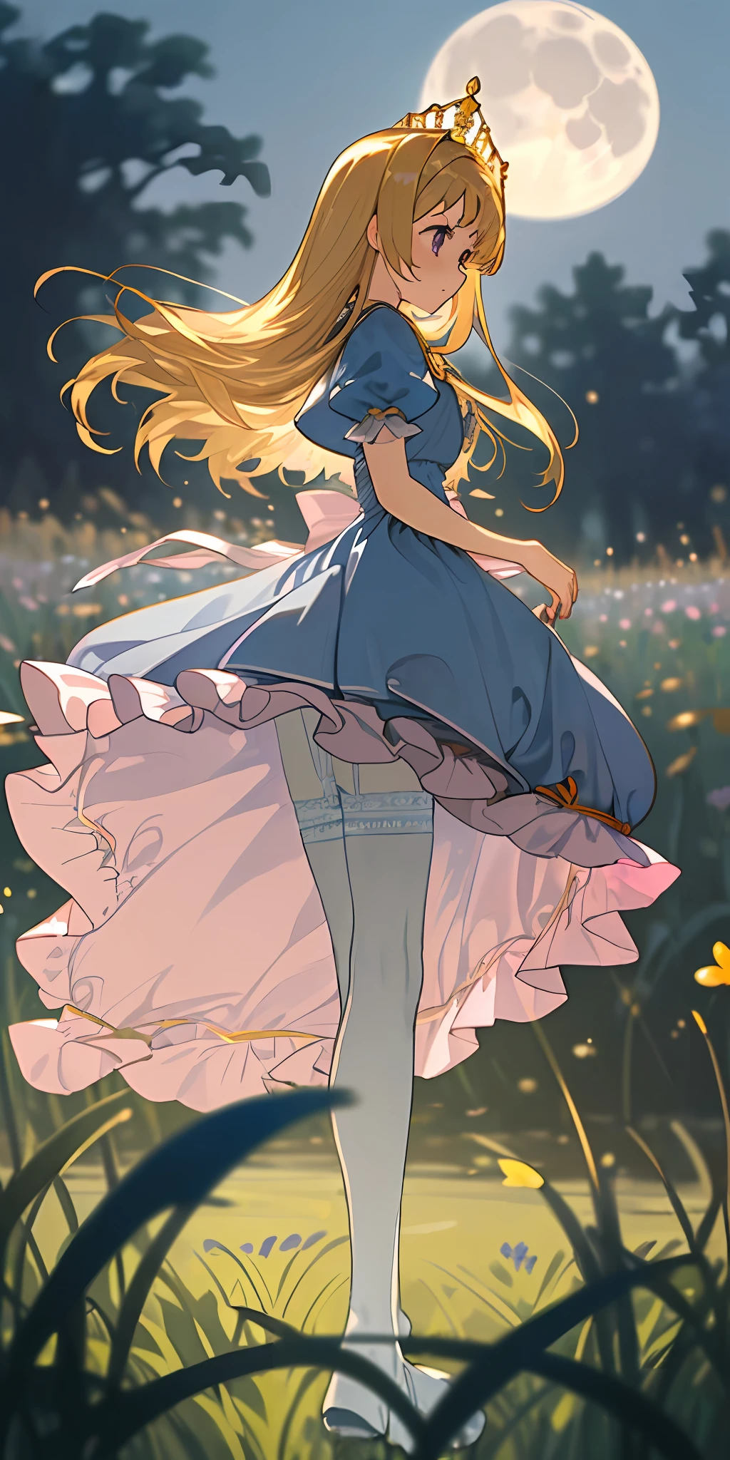 (masterpiece, best quality), field of blue plants and flowers, lone girl with medium-length golden hair, warm moonlight, blurry foreground, loli, riverbank, odd eyes, ruffles, bikini, light blue Alice dress, white tights, oversized chest, garter belt, facing forward, pink tiara, I-shaped balance