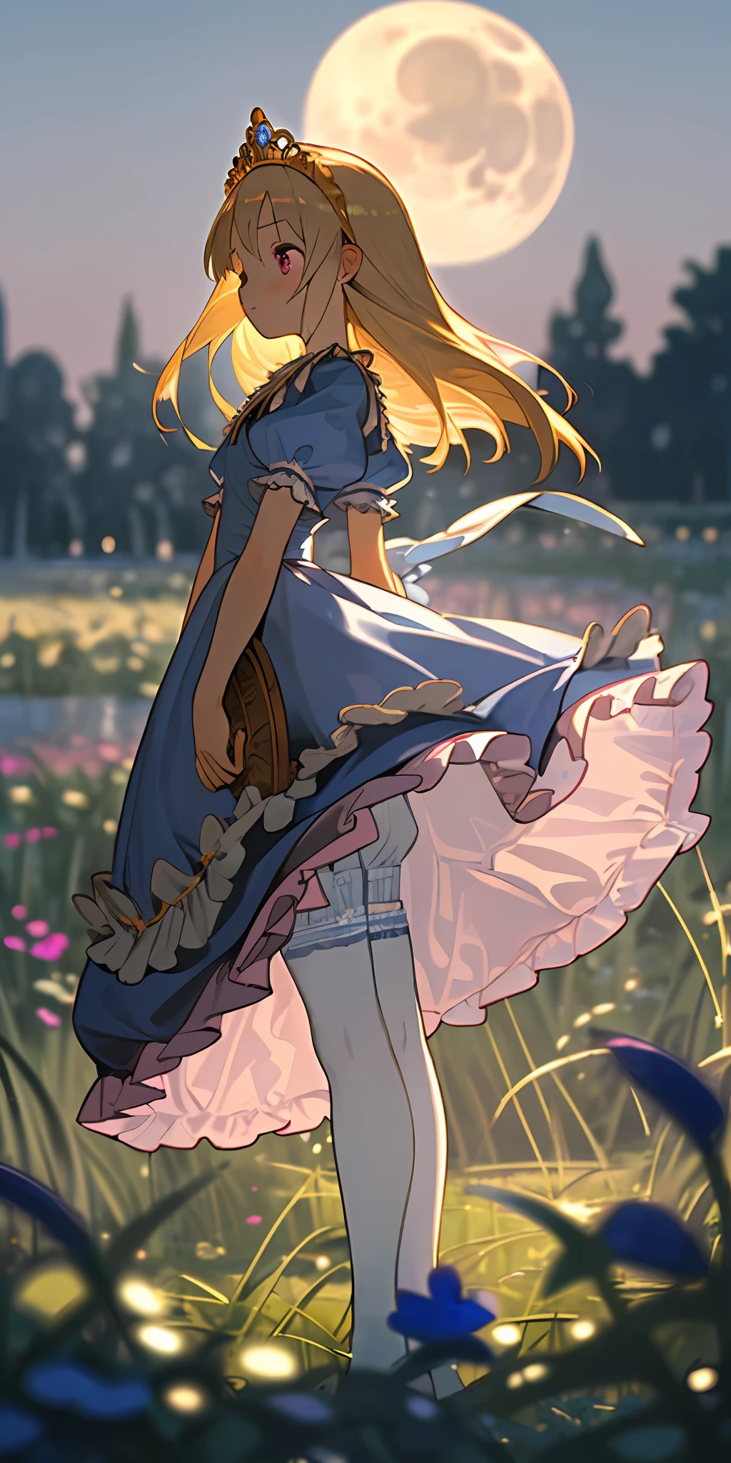 (masterpiece, best quality), field of blue plants and flowers, lone girl with medium-length golden hair, warm moonlight, blurry foreground, loli, riverbank, odd eyes, ruffles, bikini, light blue Alice dress, white tights, oversized chest, garter belt, facing forward, pink tiara, I-shaped balance