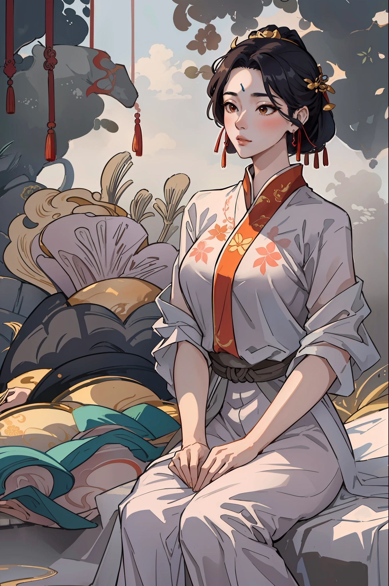 Ancient Chinese beauty sitting on stone, wearing ancient Chinese clothes, flowing tulle, light silk, lazy pose, bamboo forest, pavilion, ink painting style, clean color, decisive cut, blank space, freehand, masterpiece, Super detailed, epic composition, high quality, highest quality, 4k --v 6