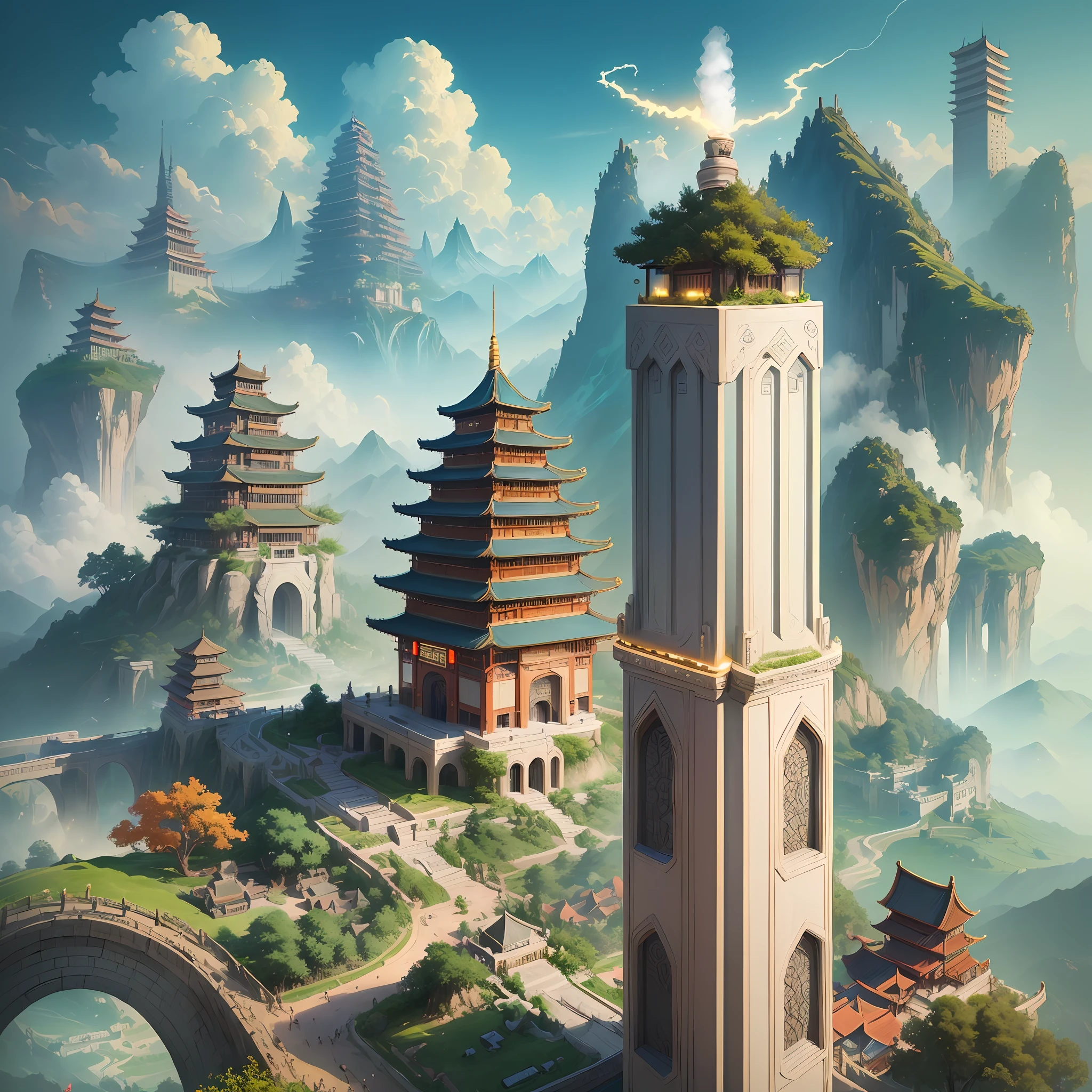 ((A Guofeng Electric Toothbrush)), depicting ancient Chinese landscapes and buildings, super detailed, epic composition, high quality, highest quality, surreal, artgerm, 32 --v 6