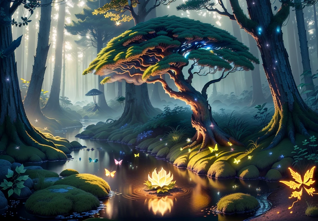 Masterpiece, best quality, (very detailed CG unity 8k wallpapers), (best quality), (best illustrations), (best shadows), forest theme with natural elements. Tall trees, quiet streams, glowing little mushrooms, surrounded by delicate leaves and branches, with fireflies and glowing particle effects,, (natural elements), (jungle theme), (leaves), (branches), ( fireflies), butterflies, (delicate leaves), (glow), (particle effects). , isometric 3D, Octane rendering, ray tracing, super detailed