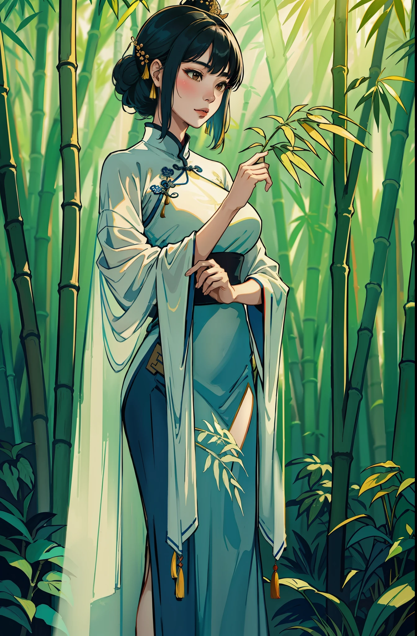 An ancient Chinese beauty standing next to bamboo, wearing ancient Chinese clothes, flowing tulle, drape, bamboo leaves, sunlight, ink painting style, clean color, decisive cut, blank space, freehand, masterpiece, super detailed, epic composition, high quality, highest quality, 4k --v 6